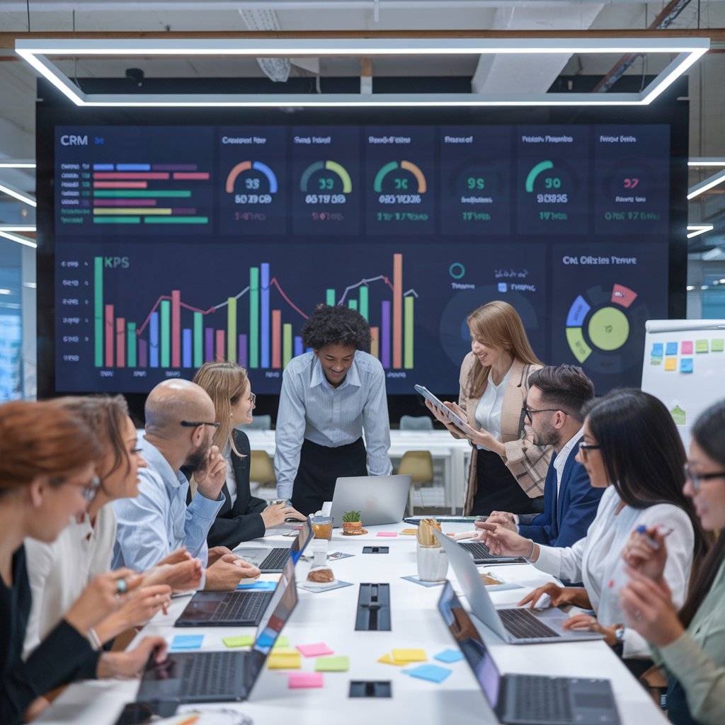 a photo of a team in an office planning a CRM strategy
