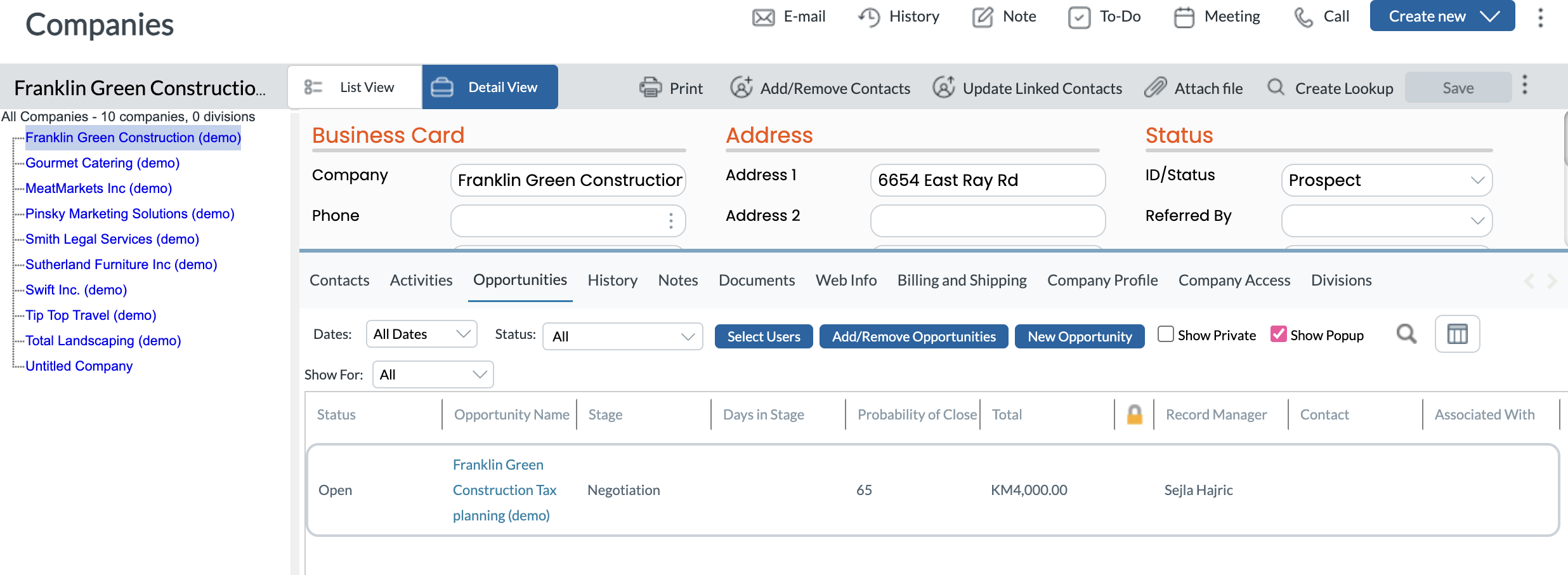 Act CRM Companies Feature in Detail View
