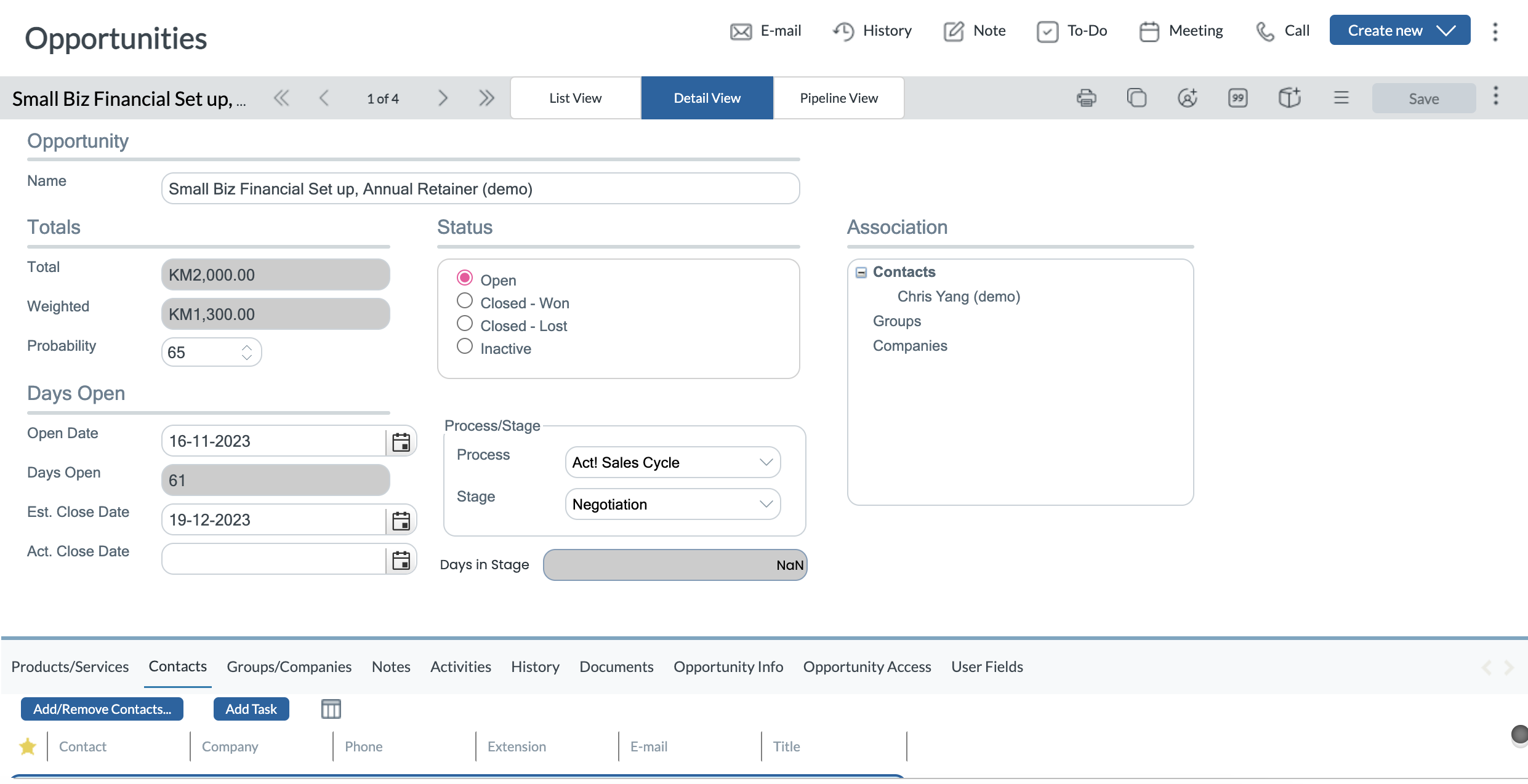 Act CRM Detail View for the Opportunities Feature