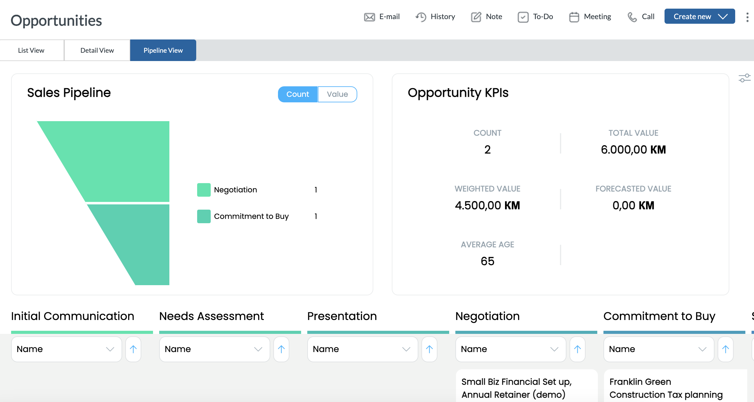 Act CRM: Opportunities Pipeline View