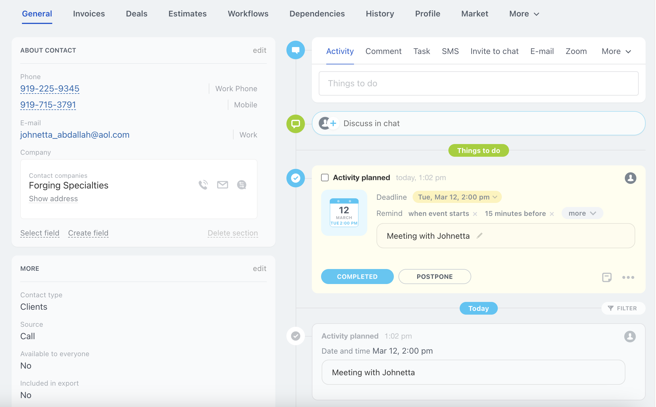 an overview of an individual contact in Bitrix24 CRM with all the fields and contact information
