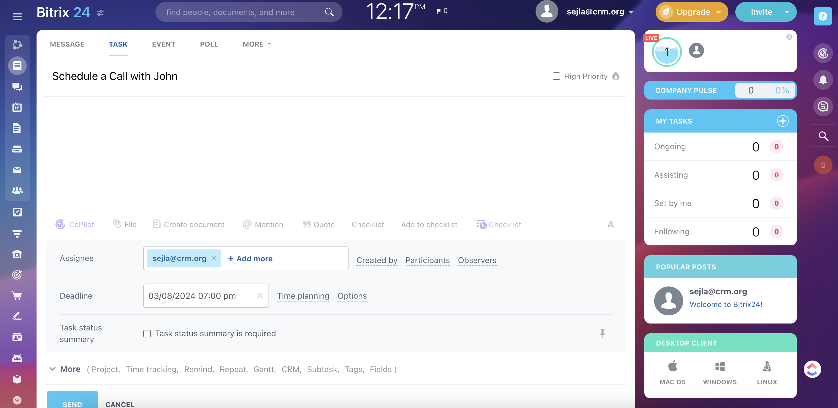 An overview of Bitrix24 dashboard with pinned messages and upcoming tasks