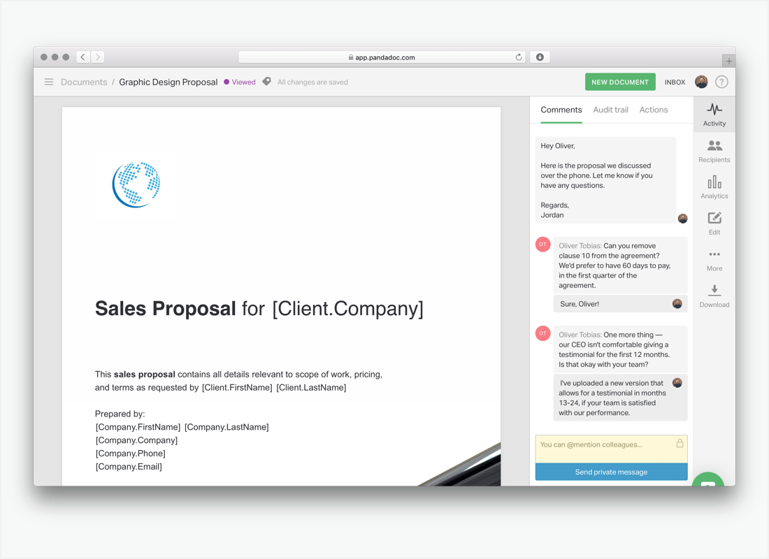 Using PandaDoc to create a document and leave comments for better collaboration