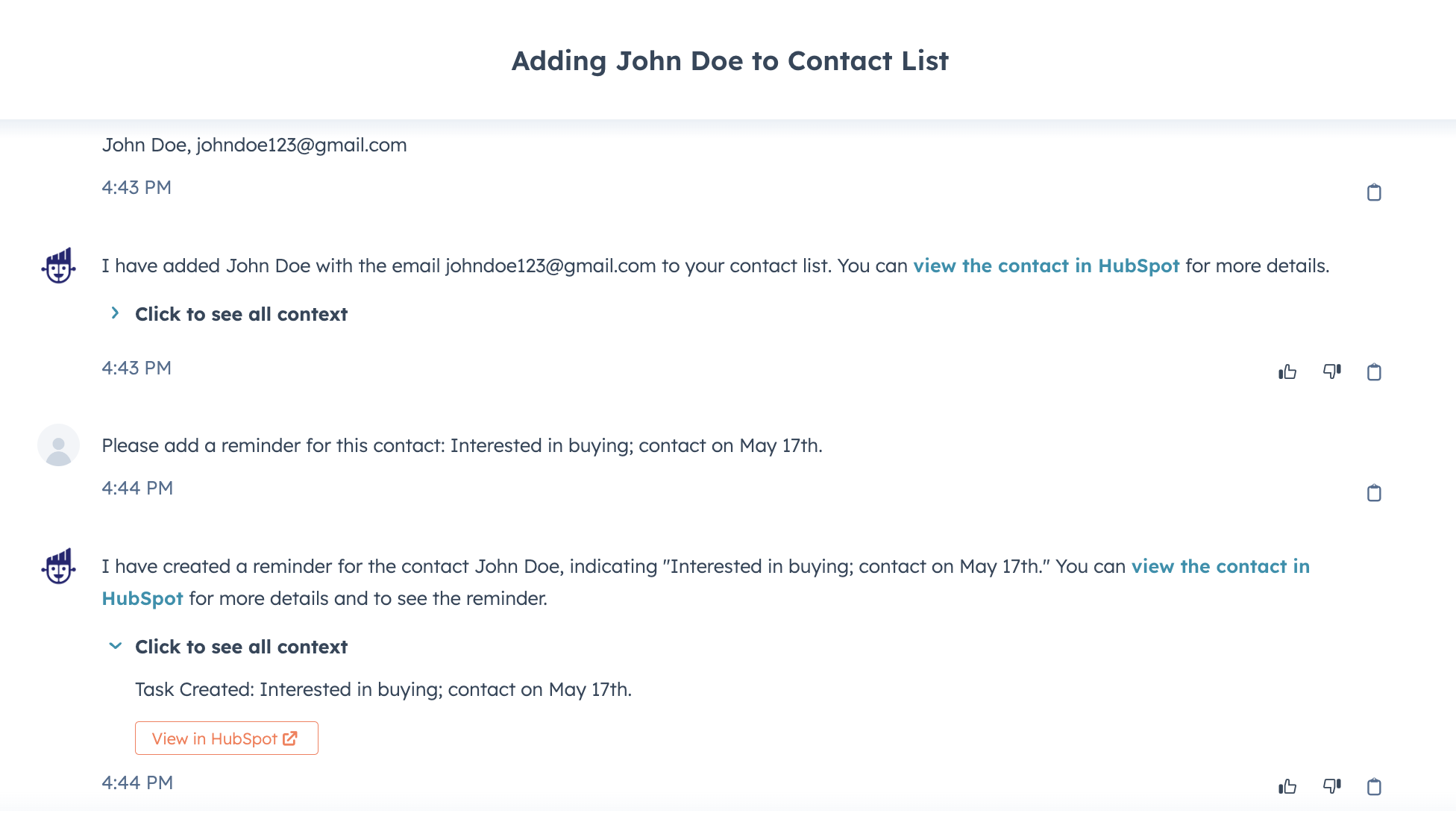 HubSpot ChatSpot AI carrying out task of creating a new contact