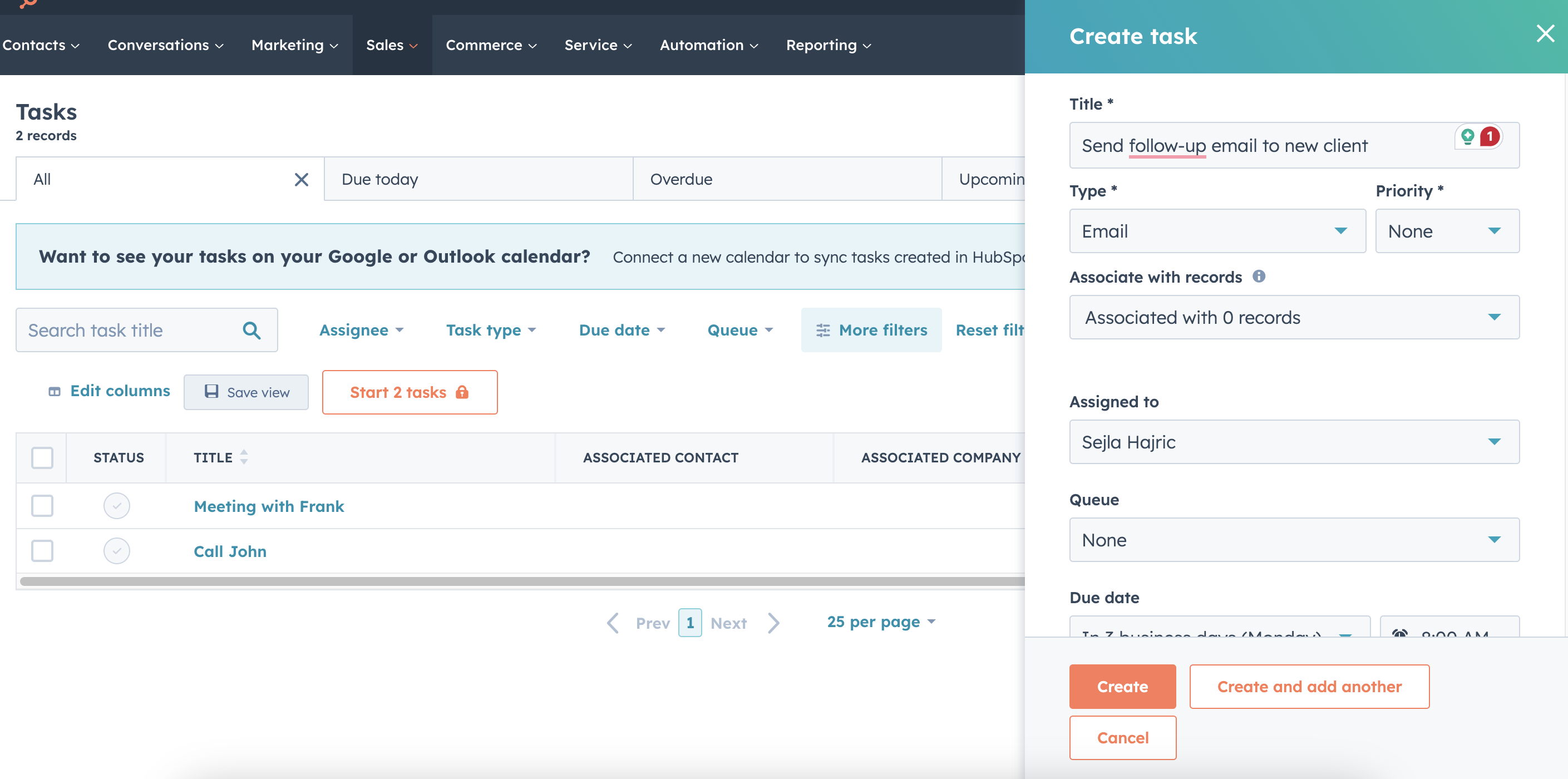 List of all tasks in HubSpot CRM