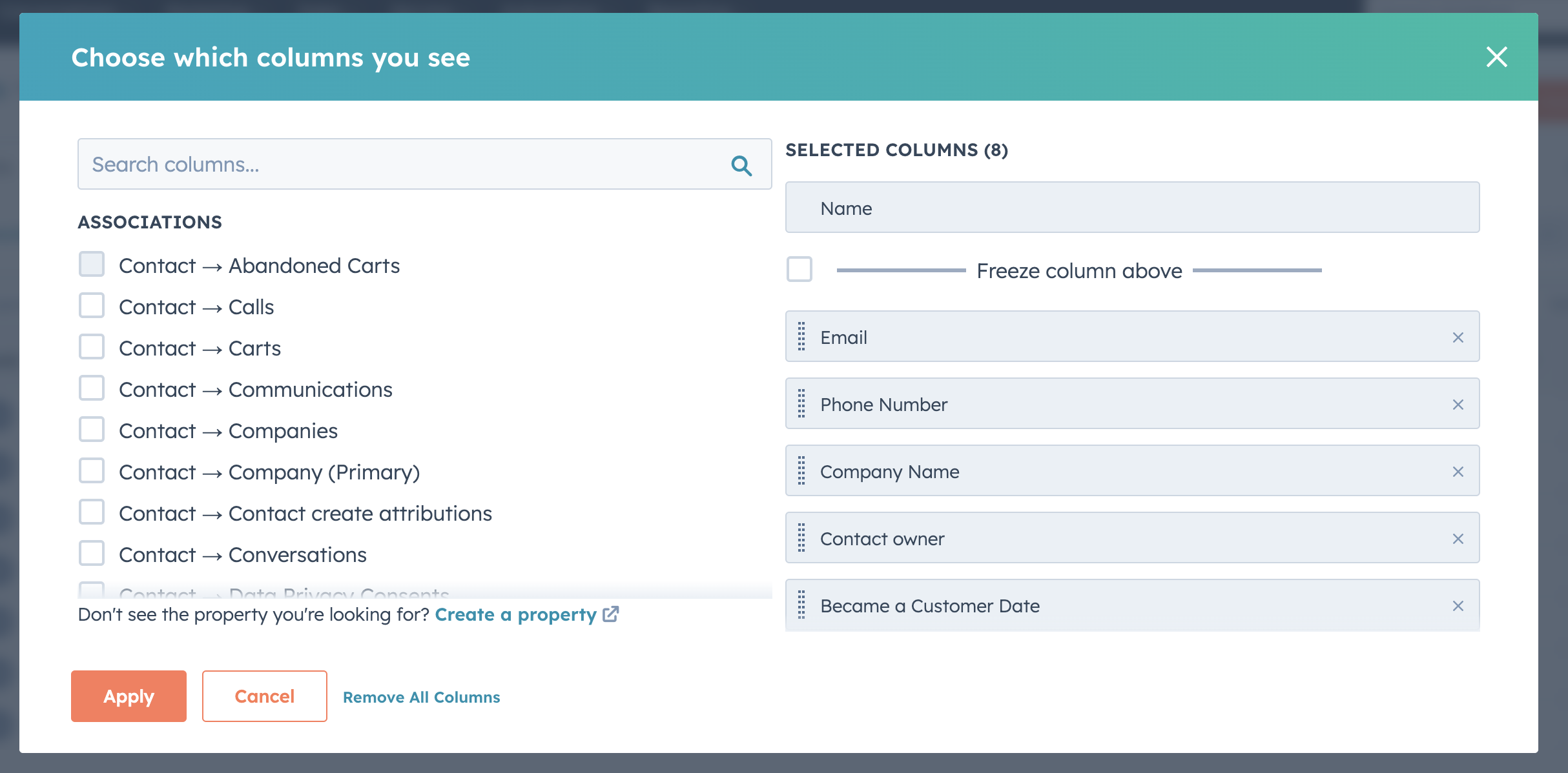 Adding custom columns to contacts in HubSpot CRM