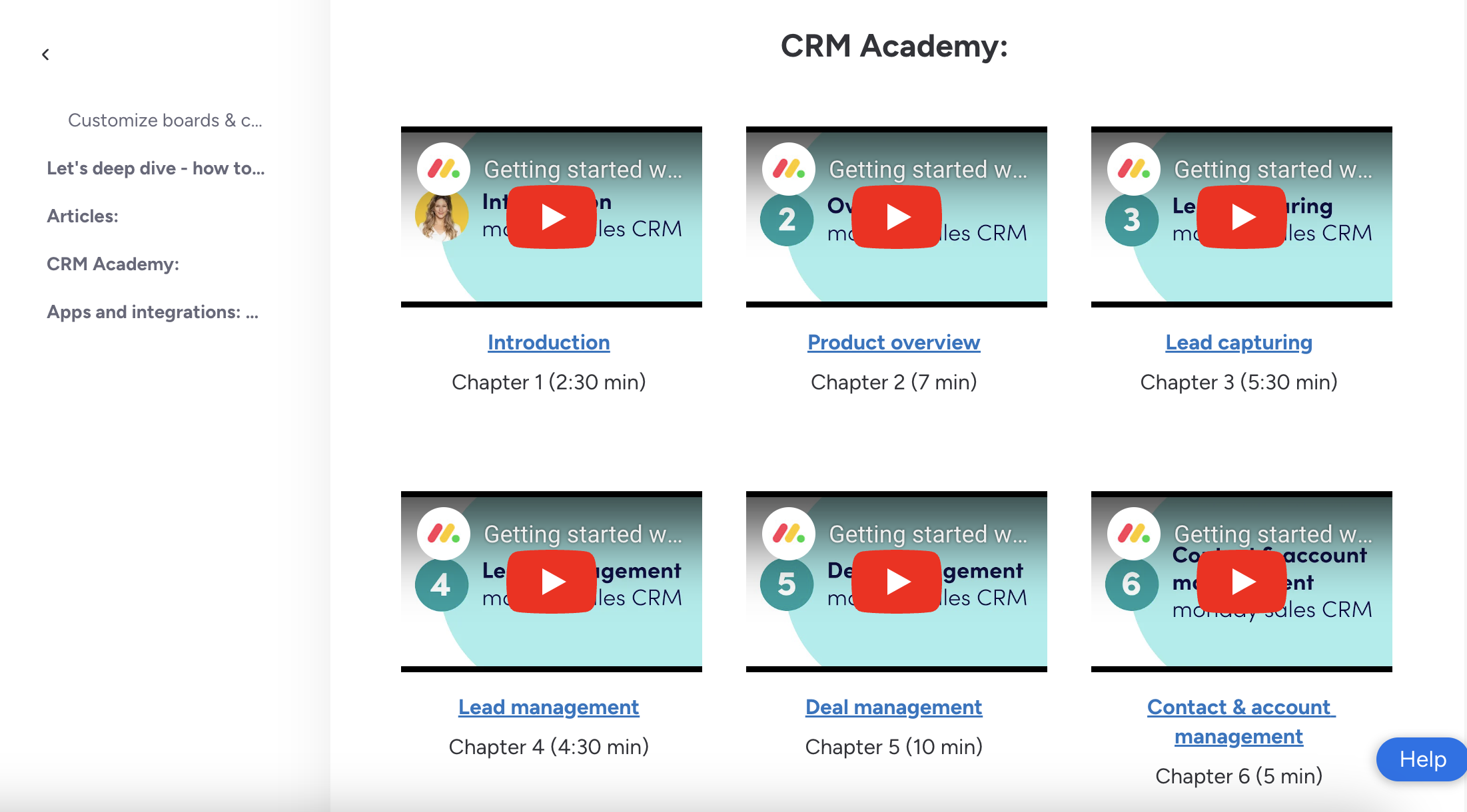 Monday CRM Getting Started guide that includes videos for CRM academy and setting up Monday as a CRM