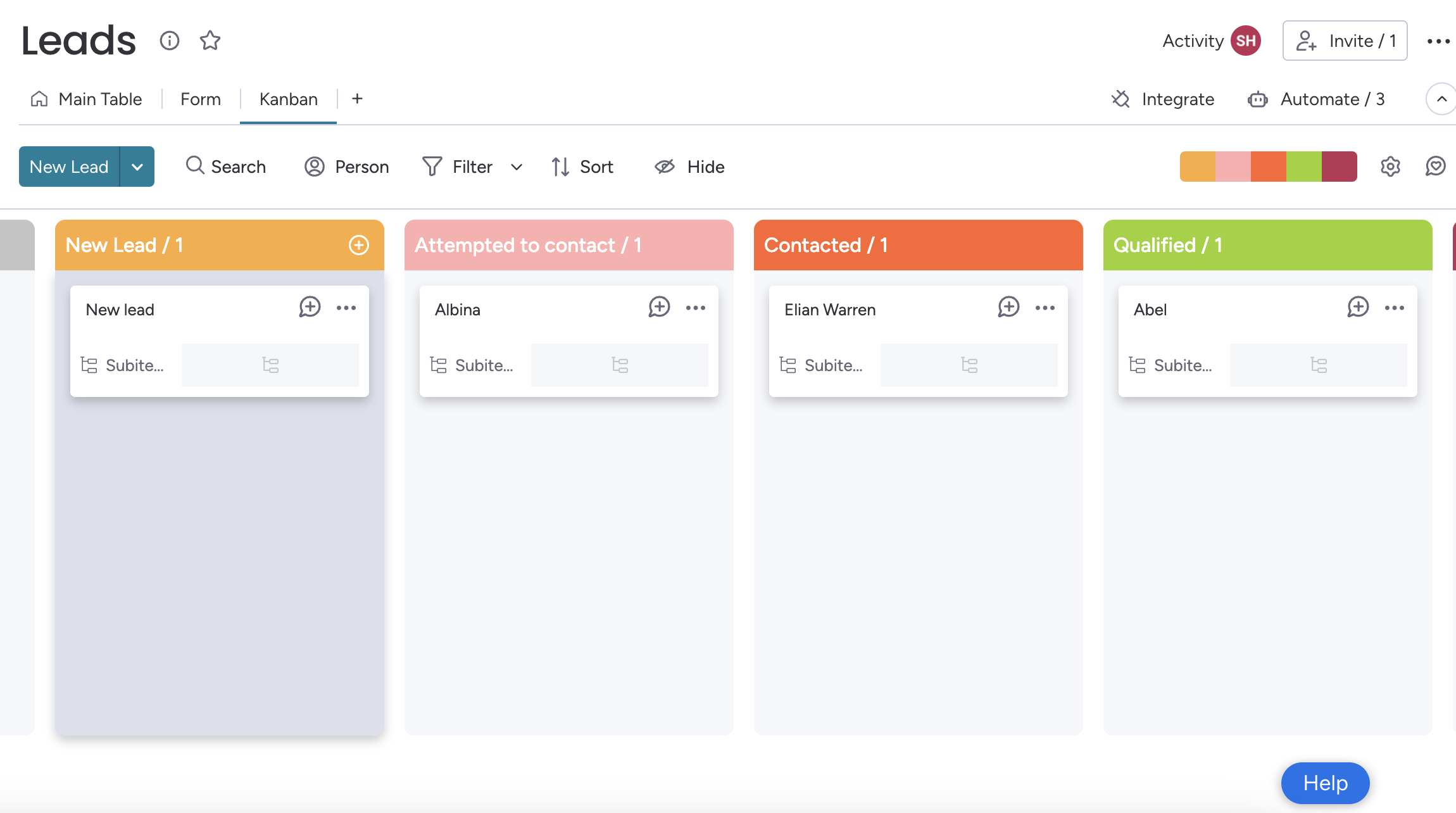 Monday CRM board name leads in kanban view