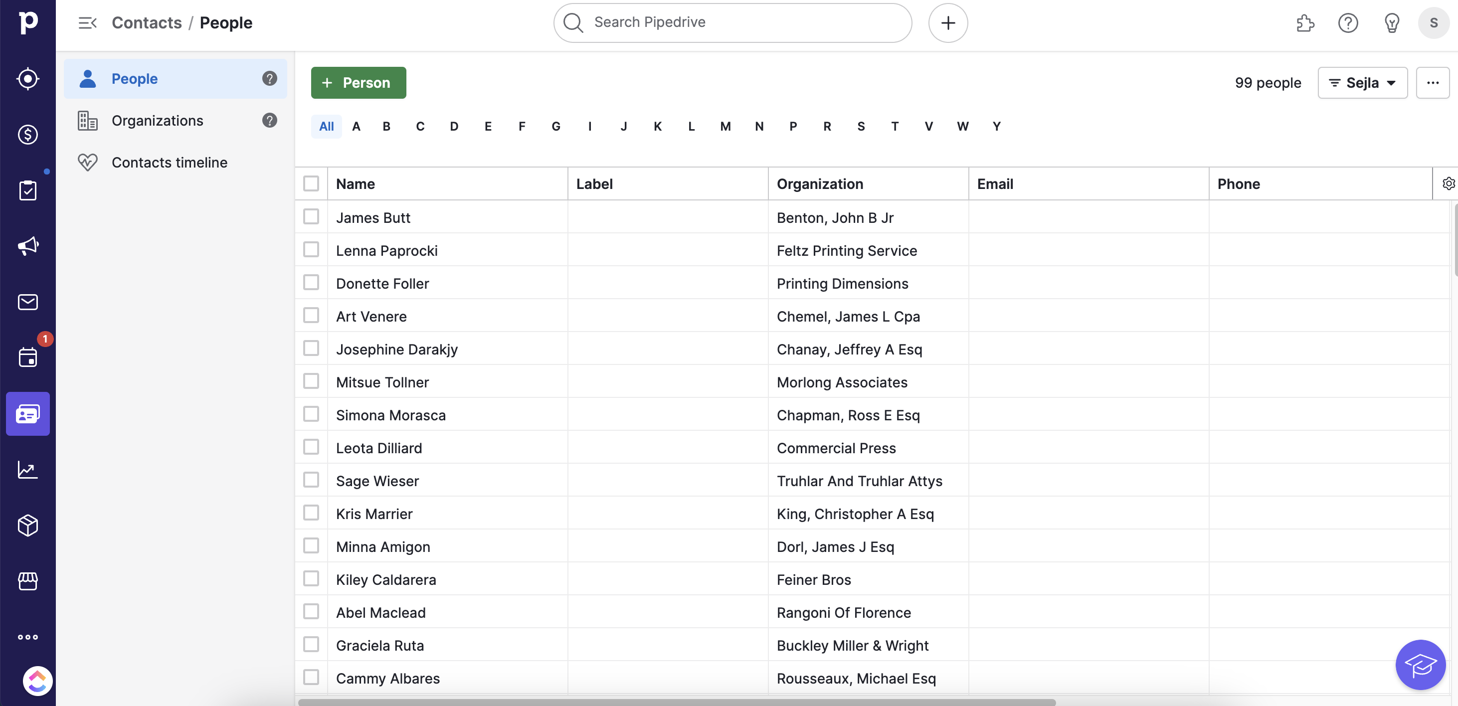 Pipedrive Contacts feature where you can see all your contacts