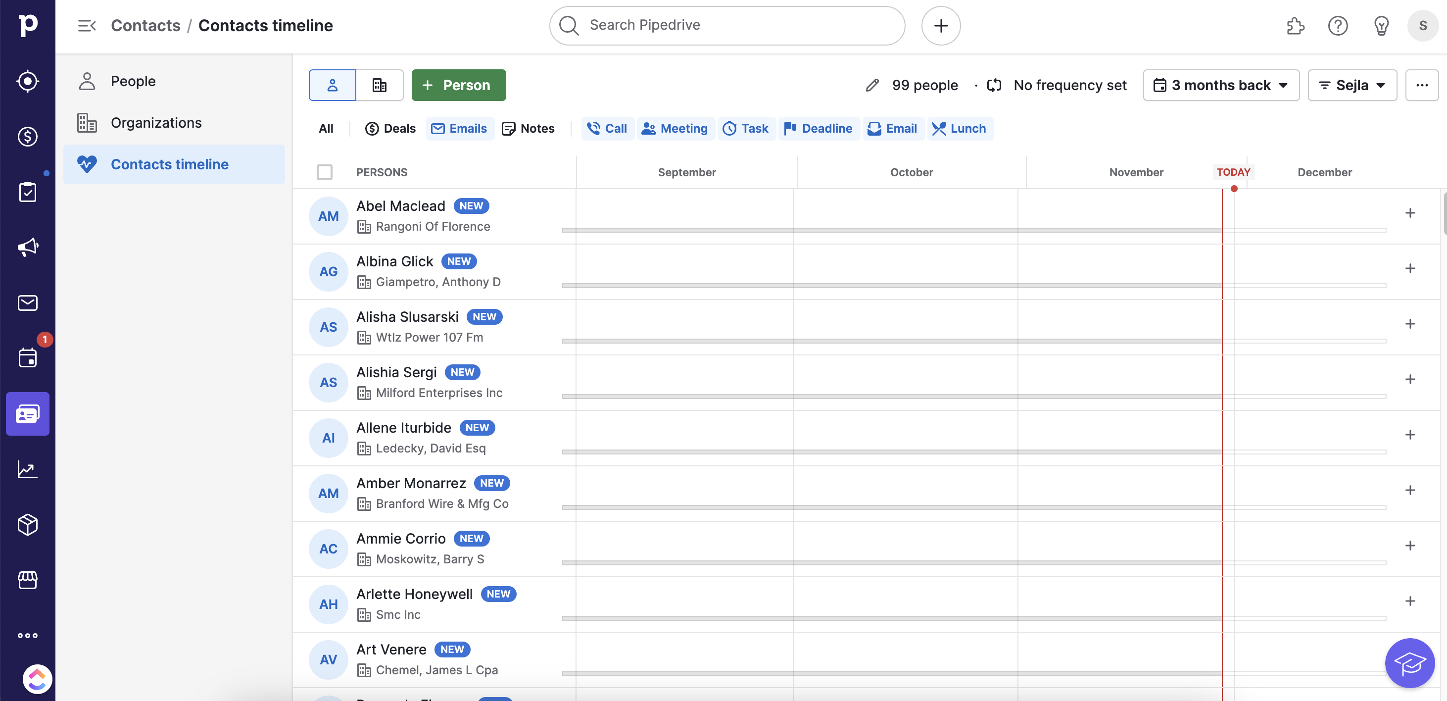 Pipedrive contacts timeline feature which shows all interactions and activities associated with your contacts