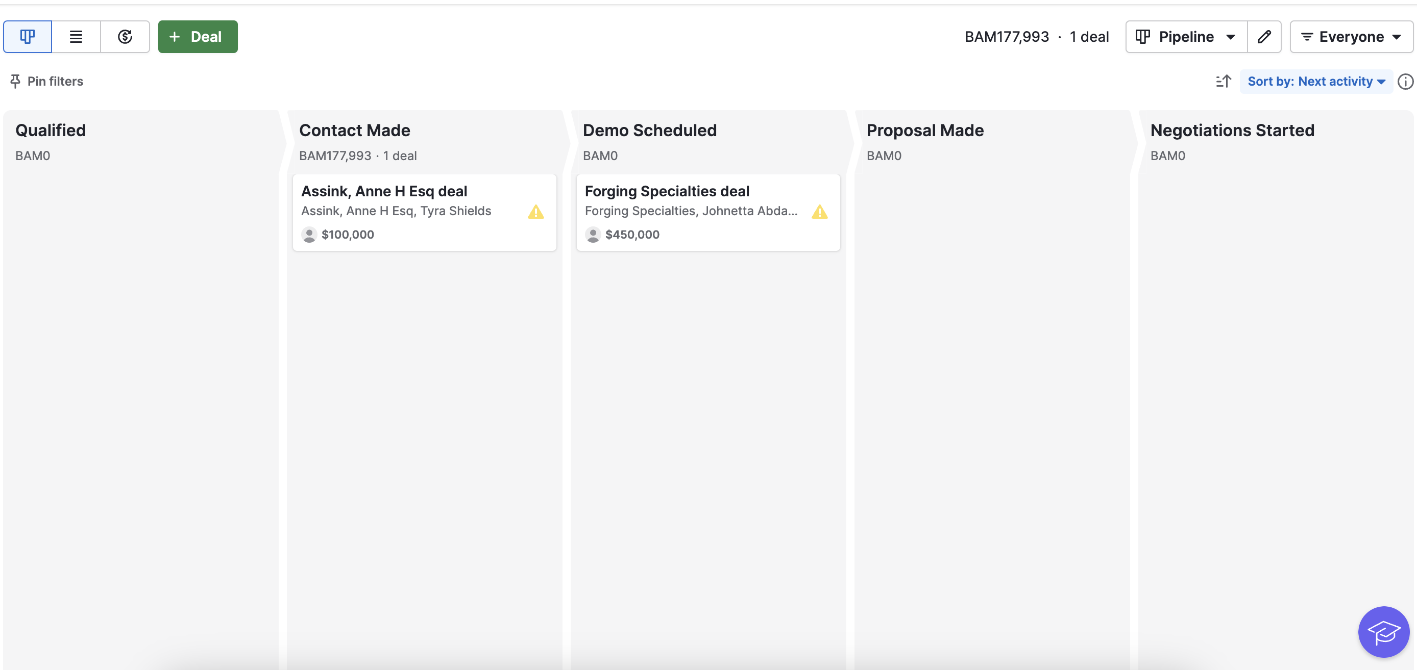 Kanban view in Pipedrive CRM applied to Deals