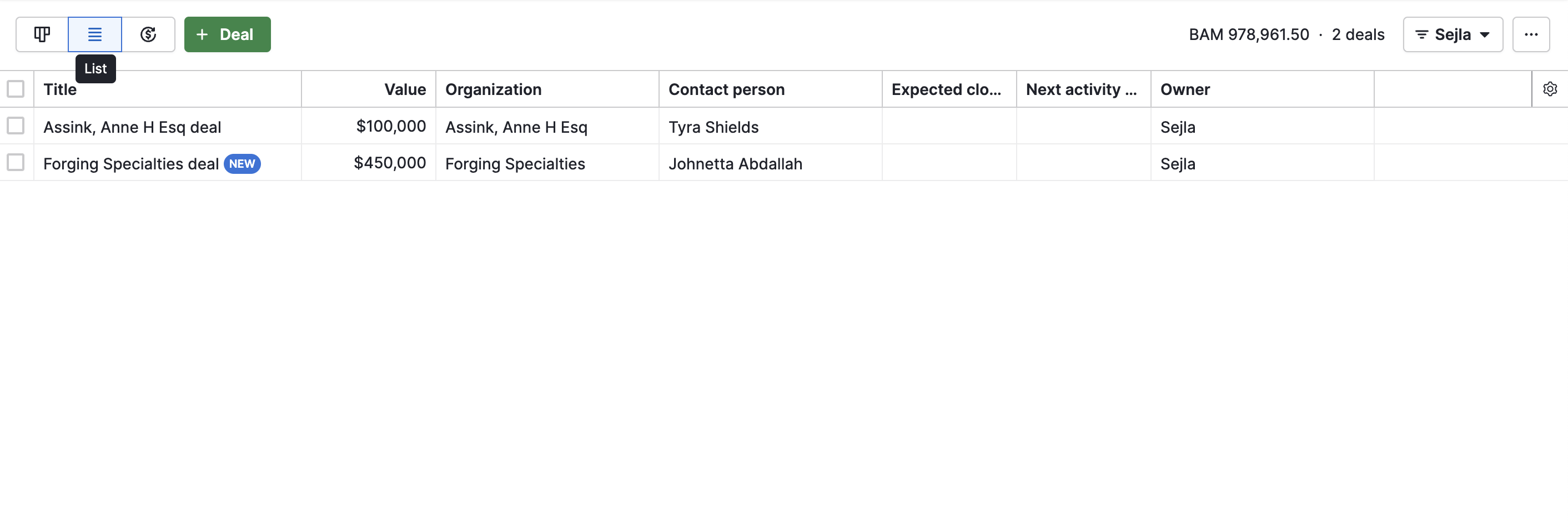 Pipedrive Deals feature displaying all deals in list view