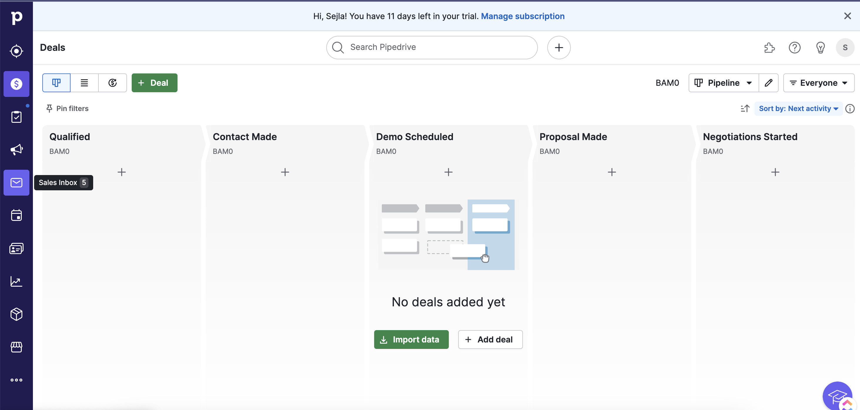 Pipedrive CRM Deals overview