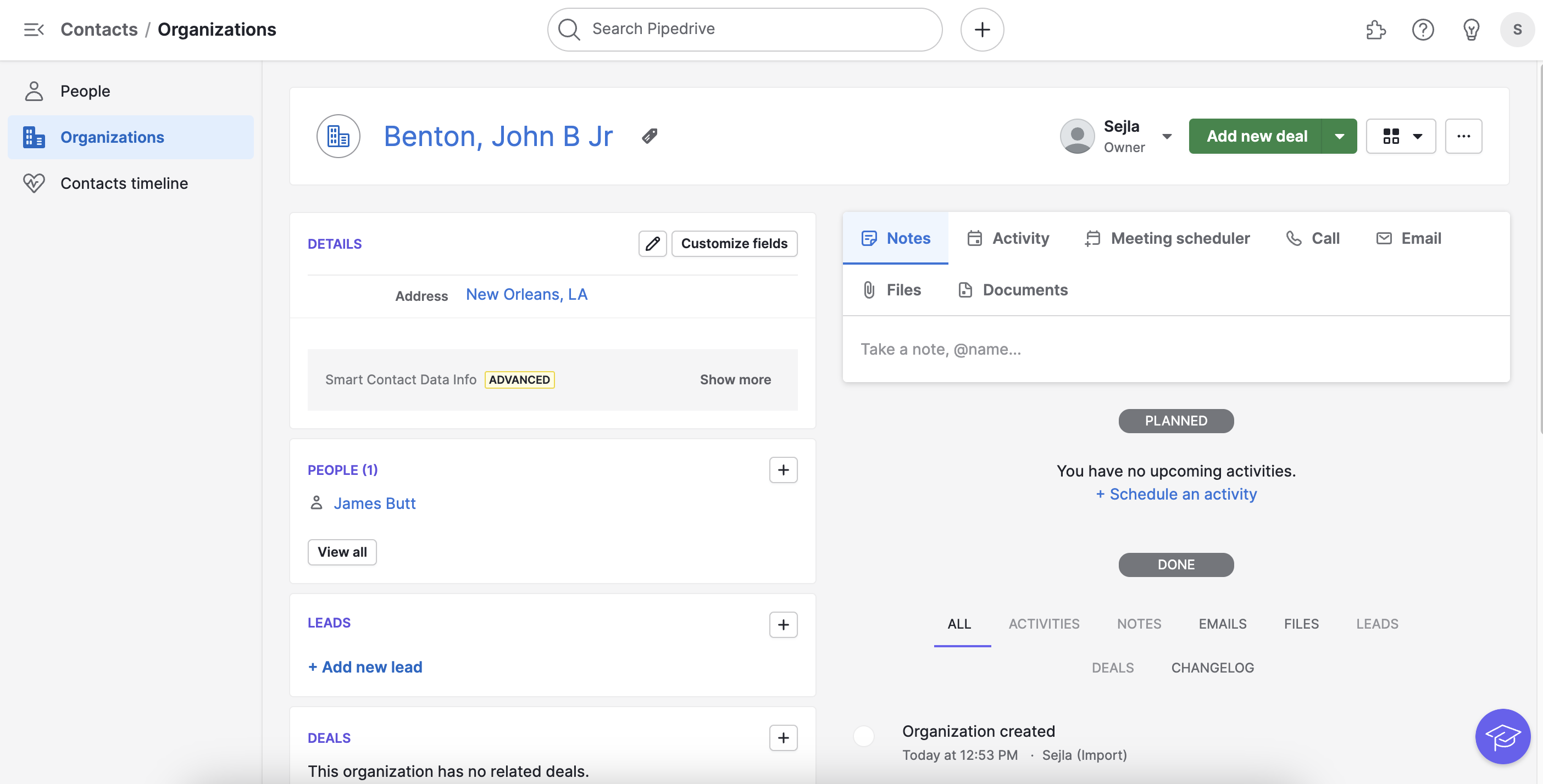 Individual contact overview in Pipedrive