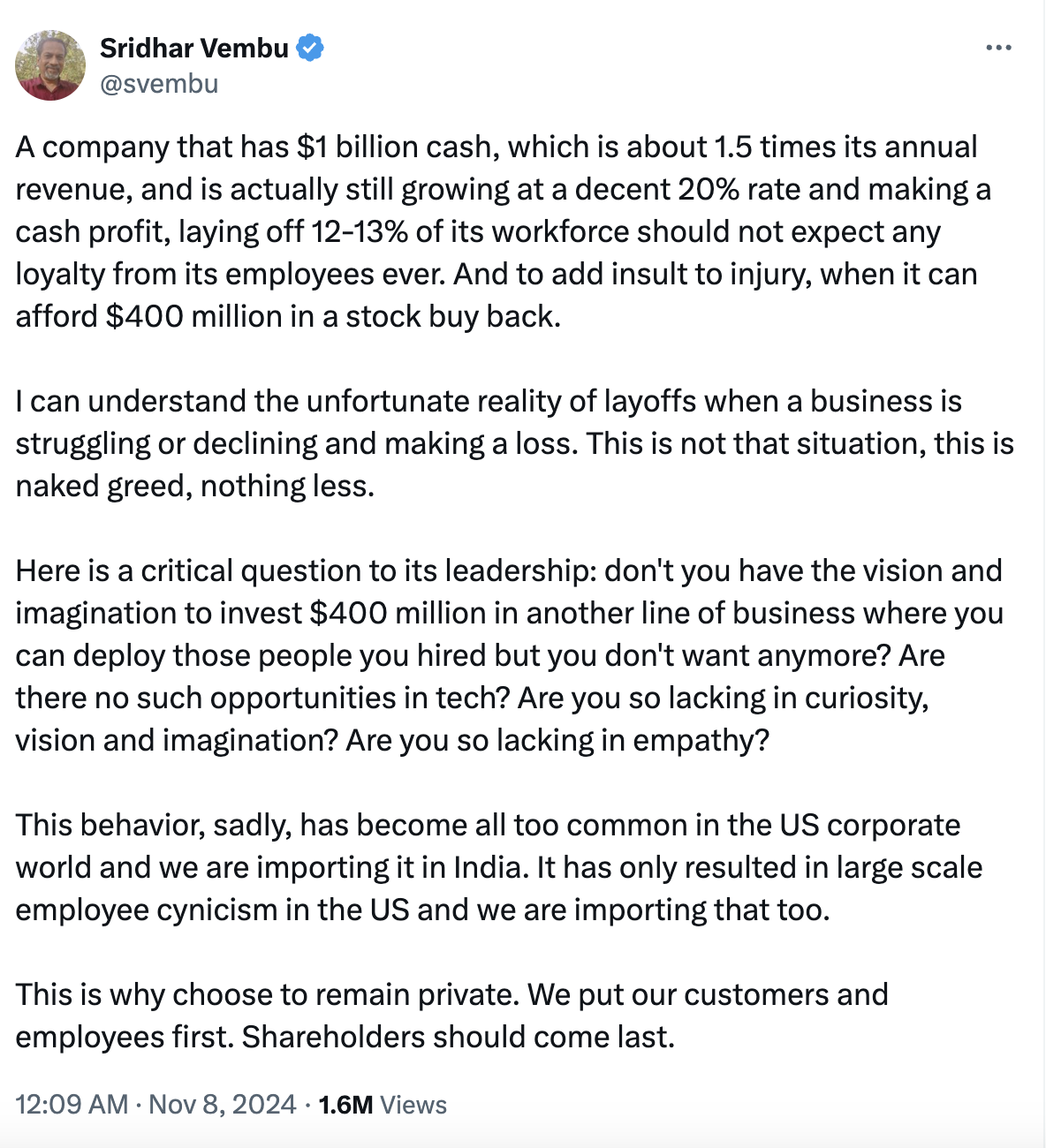 Sridhar Vembu from Zoho CRM calls out Freshworks on X