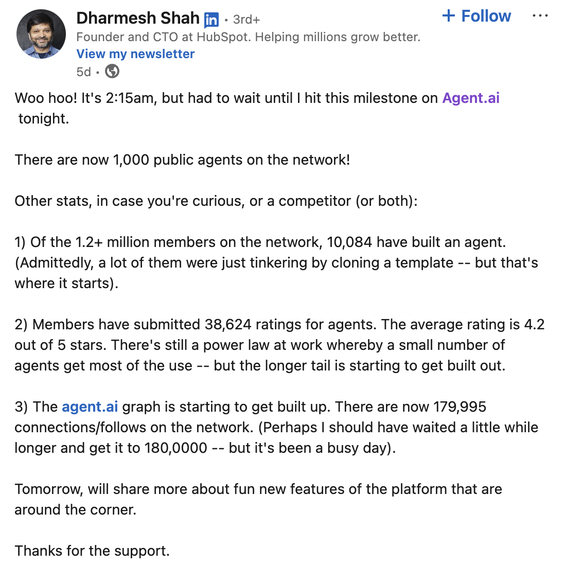 Dharmesh Shah's post on Linkedin about agent.ai reaching 1000 public agents