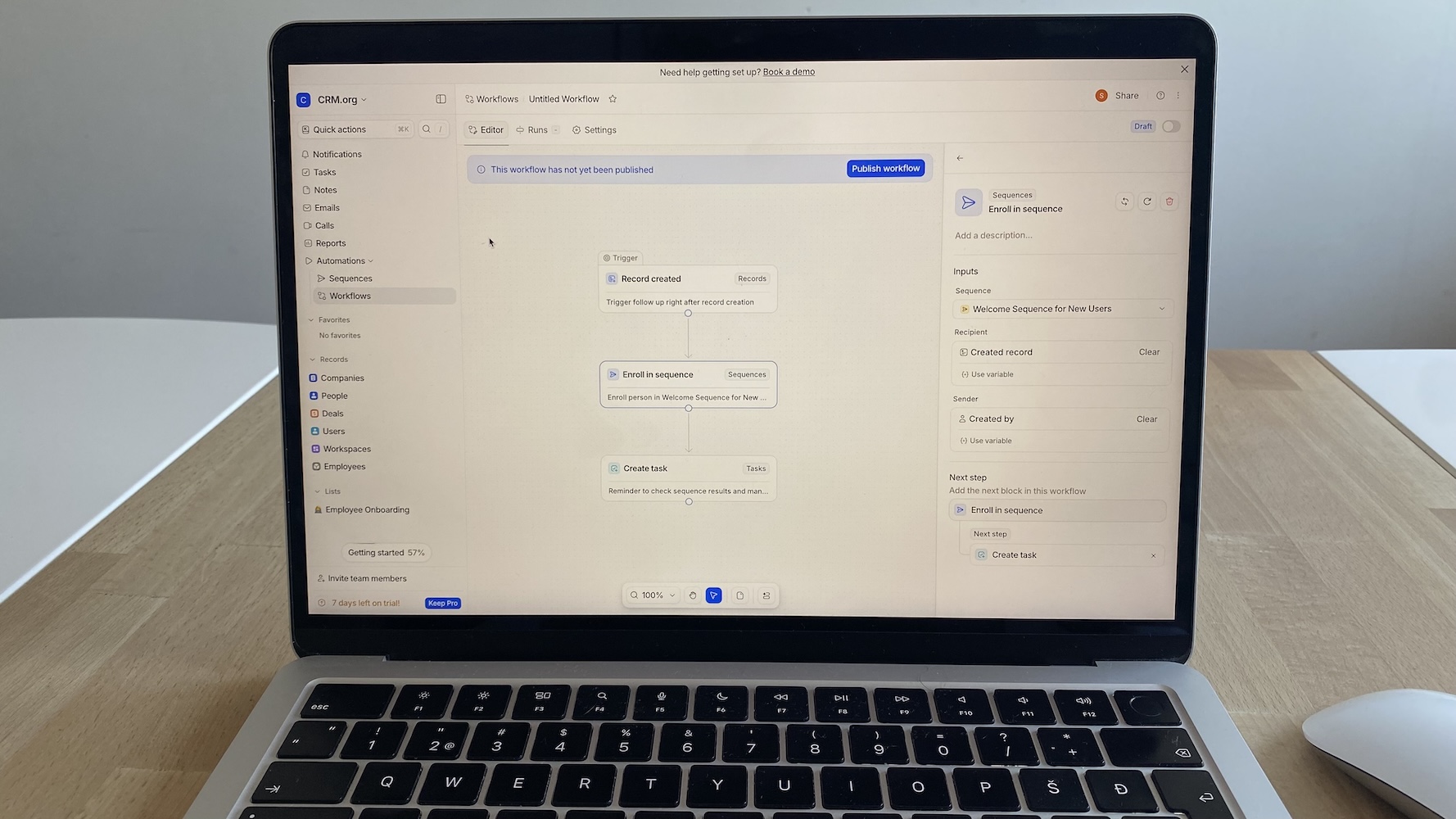 Attio workflow builder showing a sequence triggered by record creation, enrolling user and creating a follow-up task.