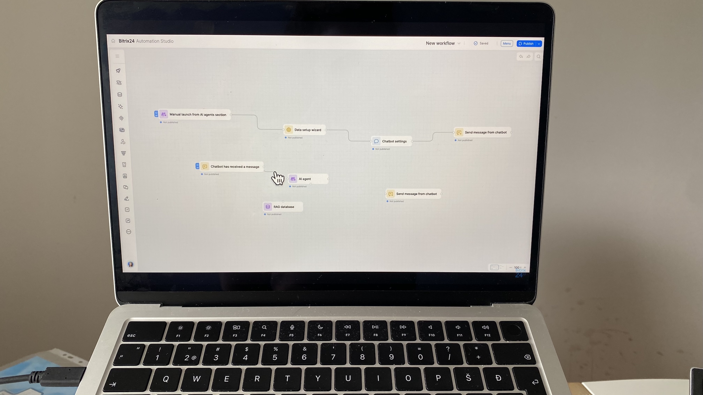 Bitrix24 automation builder showing a visual workflow with AI and chatbot blocks