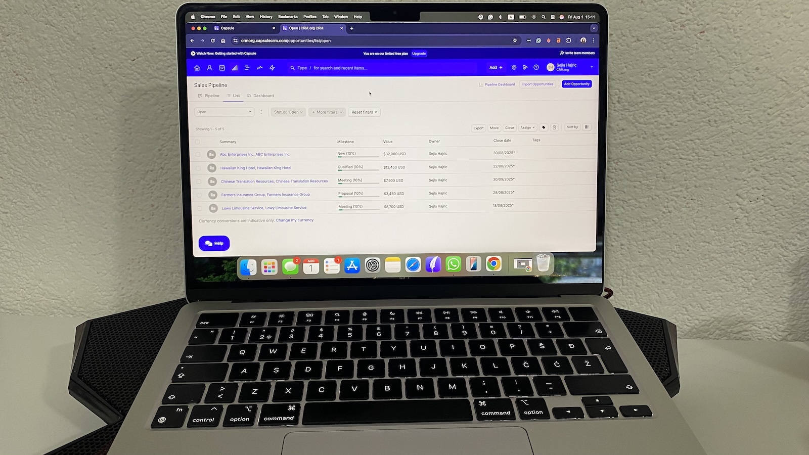 Capsule CRM pipeline list view showing open sales opportunities, with milestones, deal value, owner, and close dates in a tabular layout.