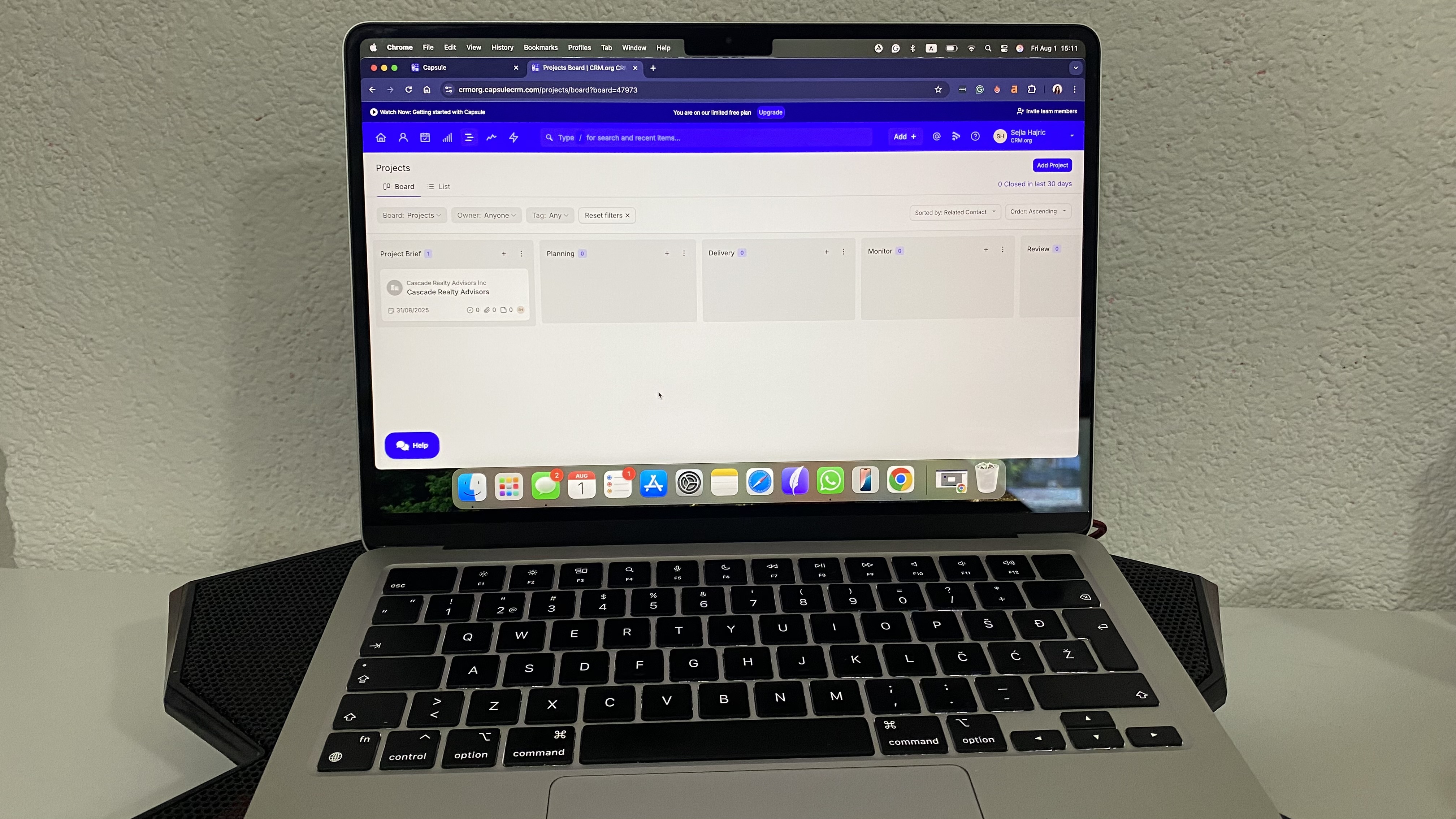 Capsule CRM project board view showing columns for each stage, including planning, delivery, monitor, and review.