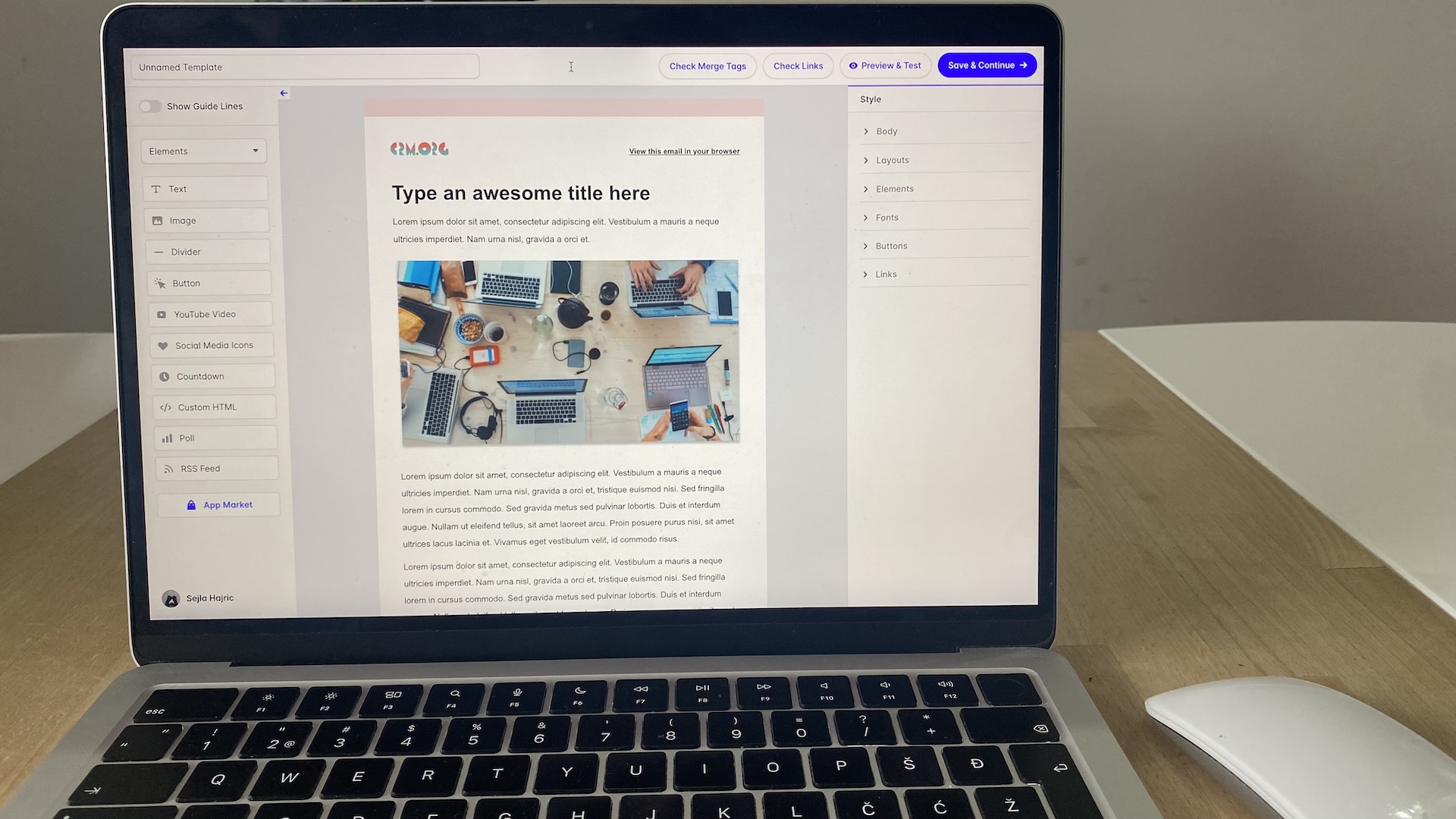 Transpond email editor open in Capsule, showing template design elements, preview pane, and message styling options on a laptop screen.