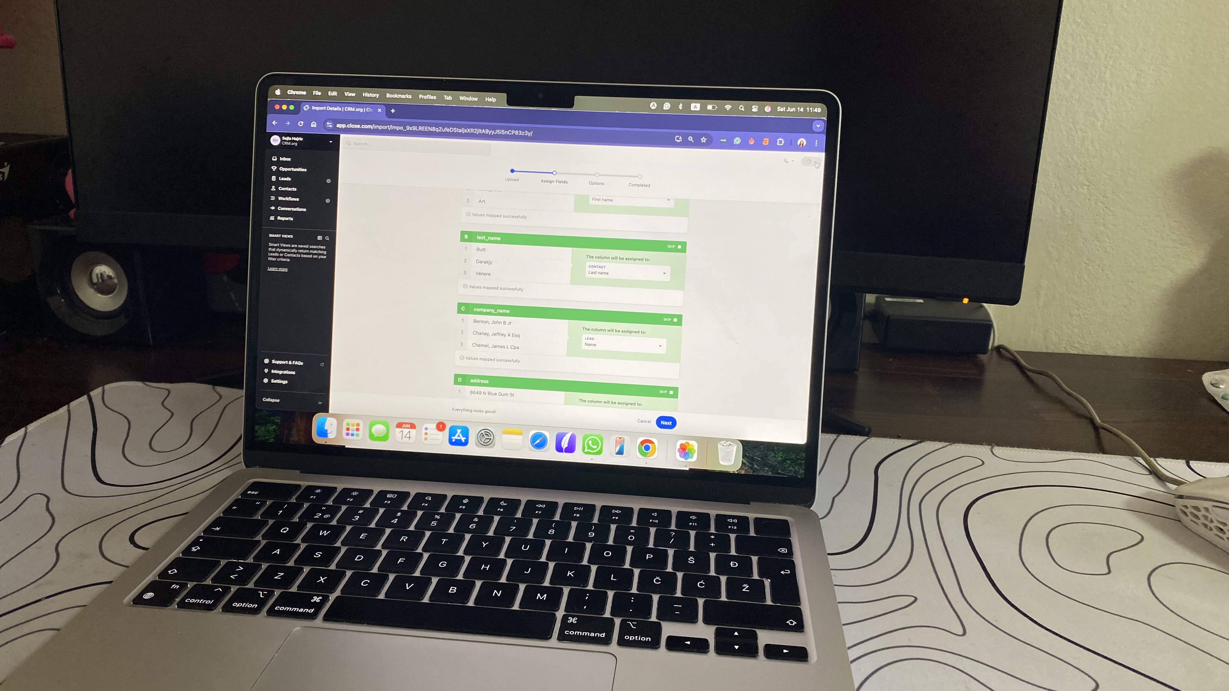 Importing contacts into Close CRM with mapped fields for last name, company, and address confirmed successfully