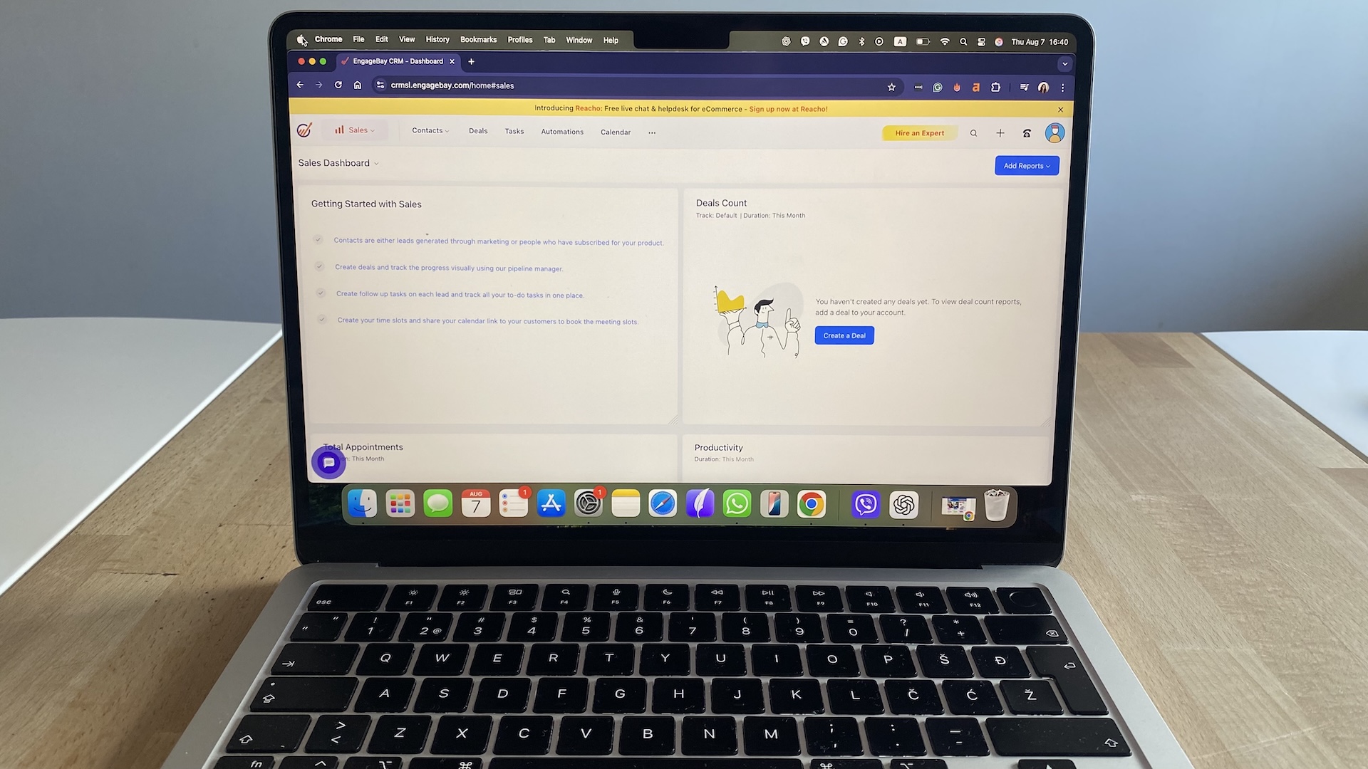 EngageBay CRM sales dashboard with empty deal pipeline and prompts to add tasks, create deals, and set appointment availability.
