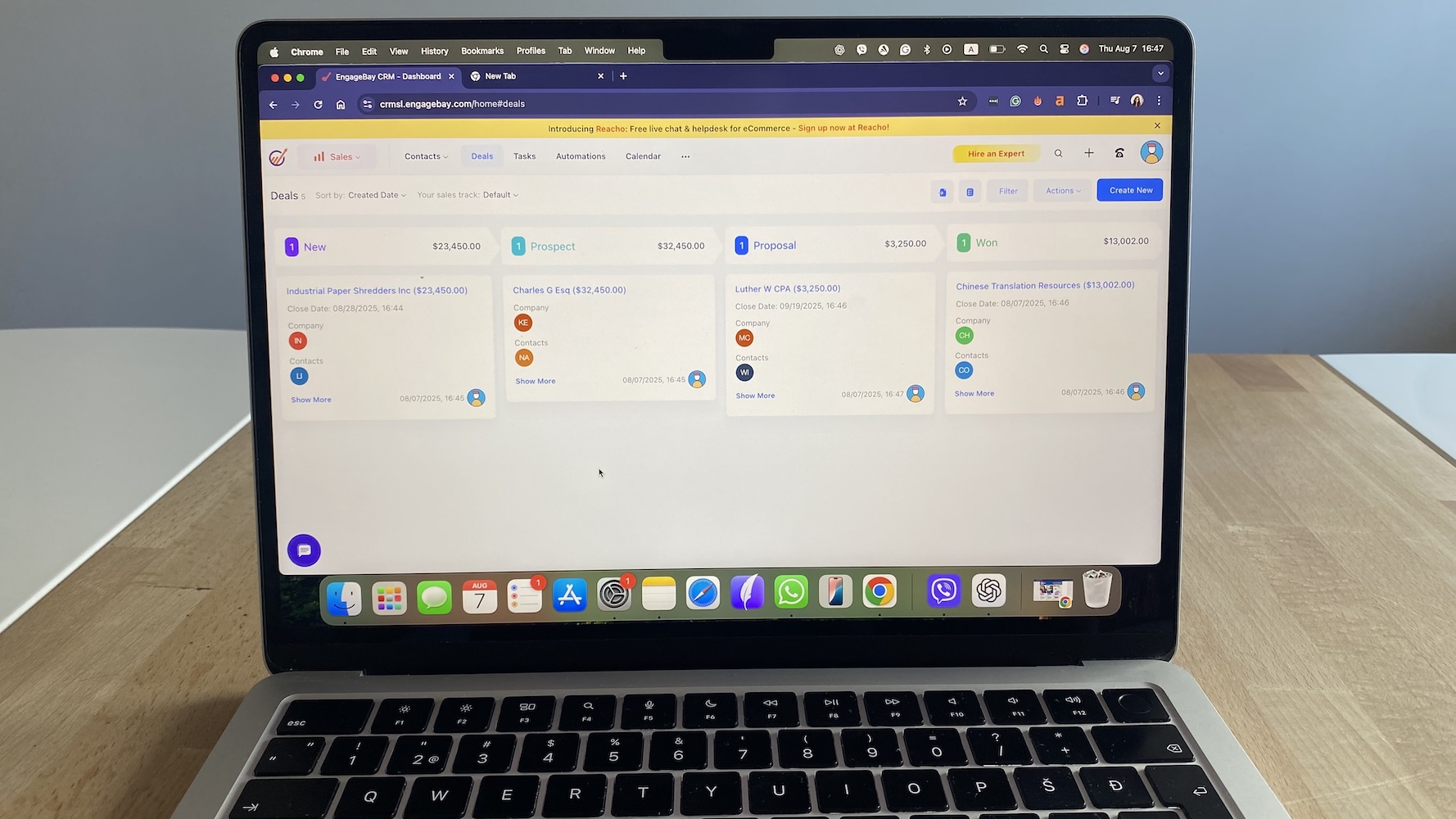 EngageBay deals board with columns for New, Prospect, Proposal, and Won stages.