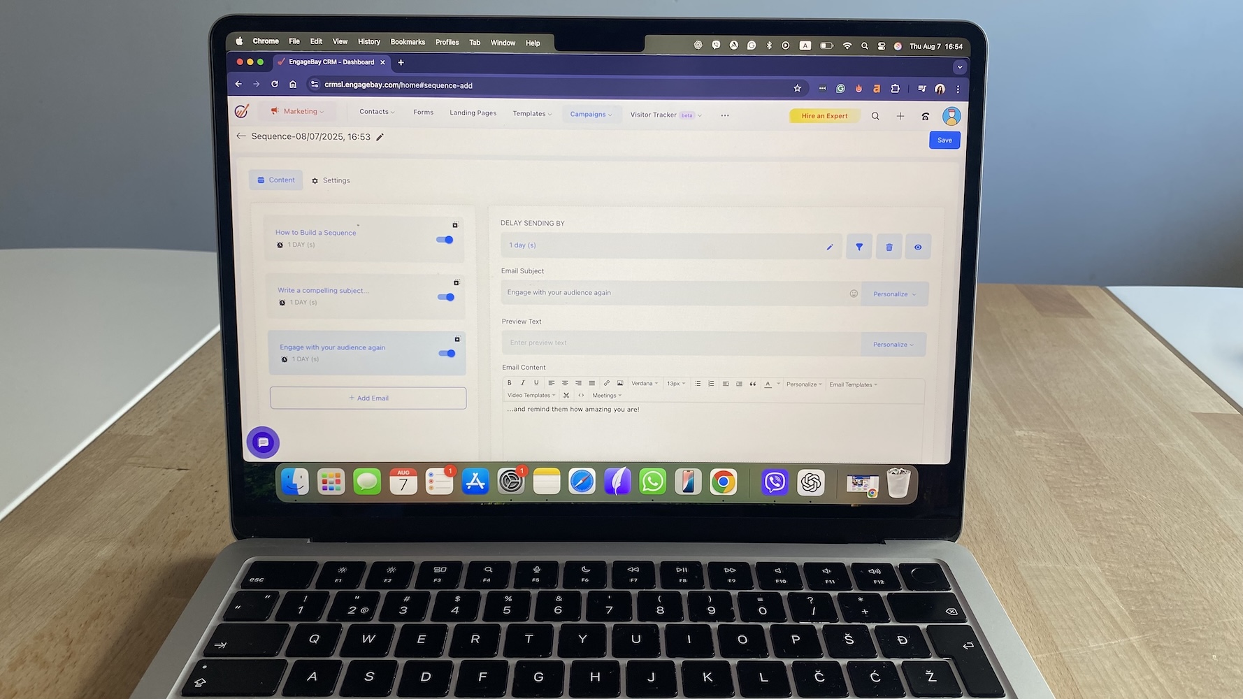 EngageBay email sequence builder showing multiple emails with delays, subject lines, and content blocks for marketing campaigns.