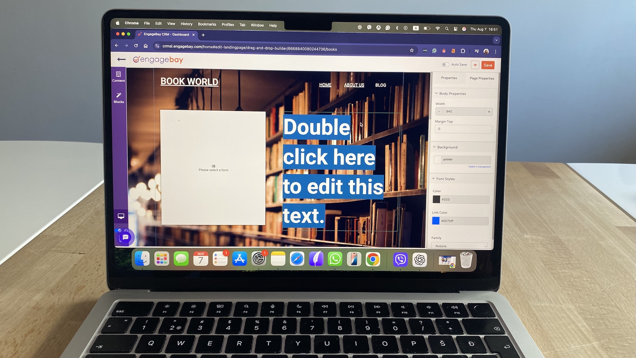 EngageBay landing page editor with drag-and-drop builder interface and editable text panel.