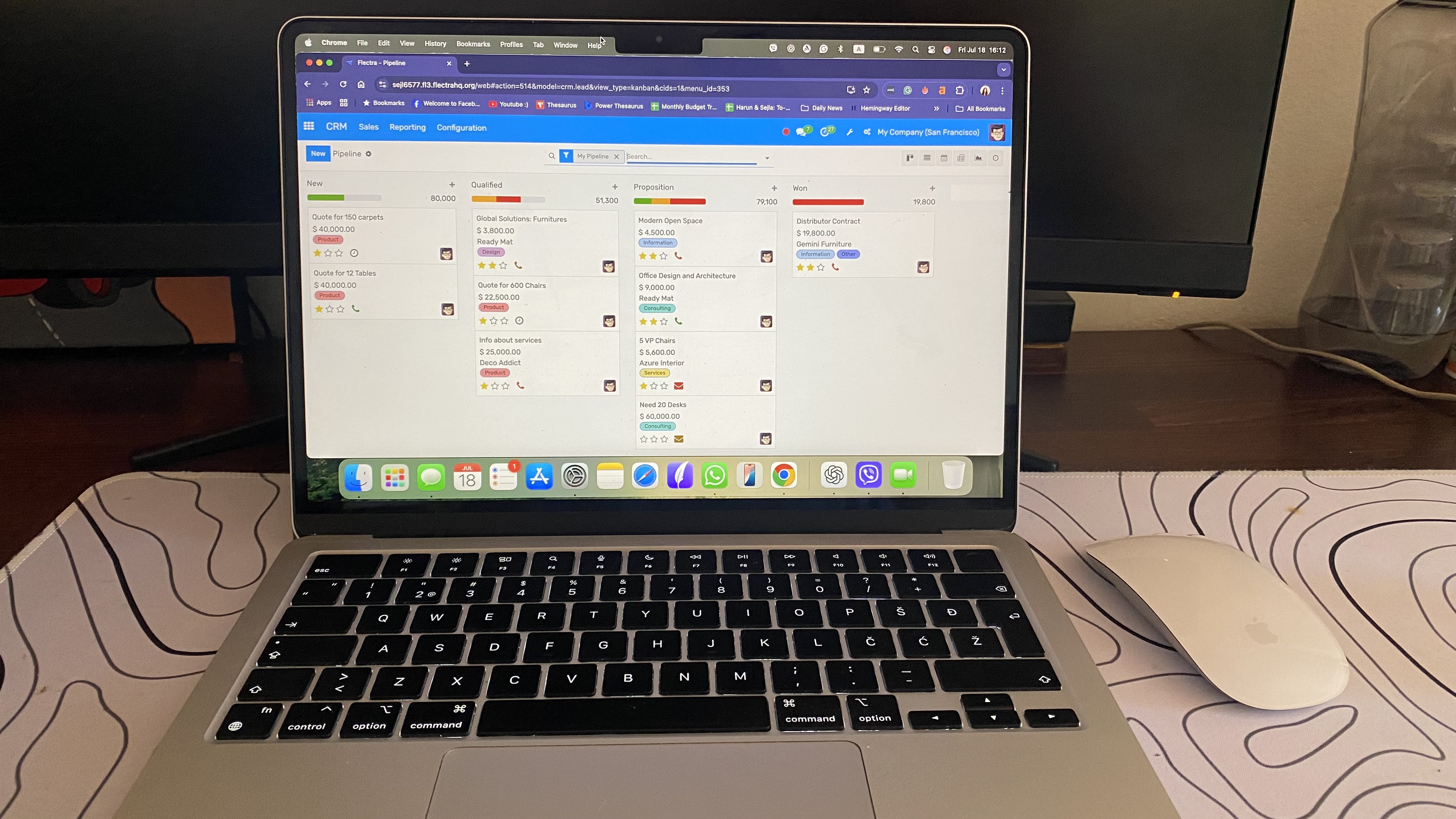 Flectra CRM pipeline view with columns for New, Qualified, Proposition, and Won, showing deal cards per stage.