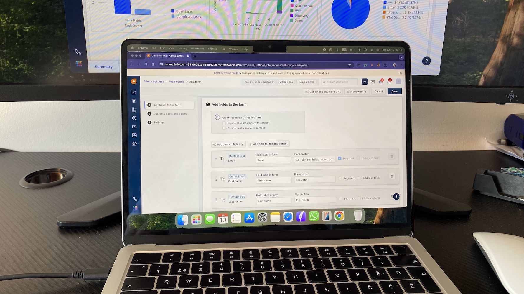 Freshsales web form creation screen with email, first name, and last name fields.