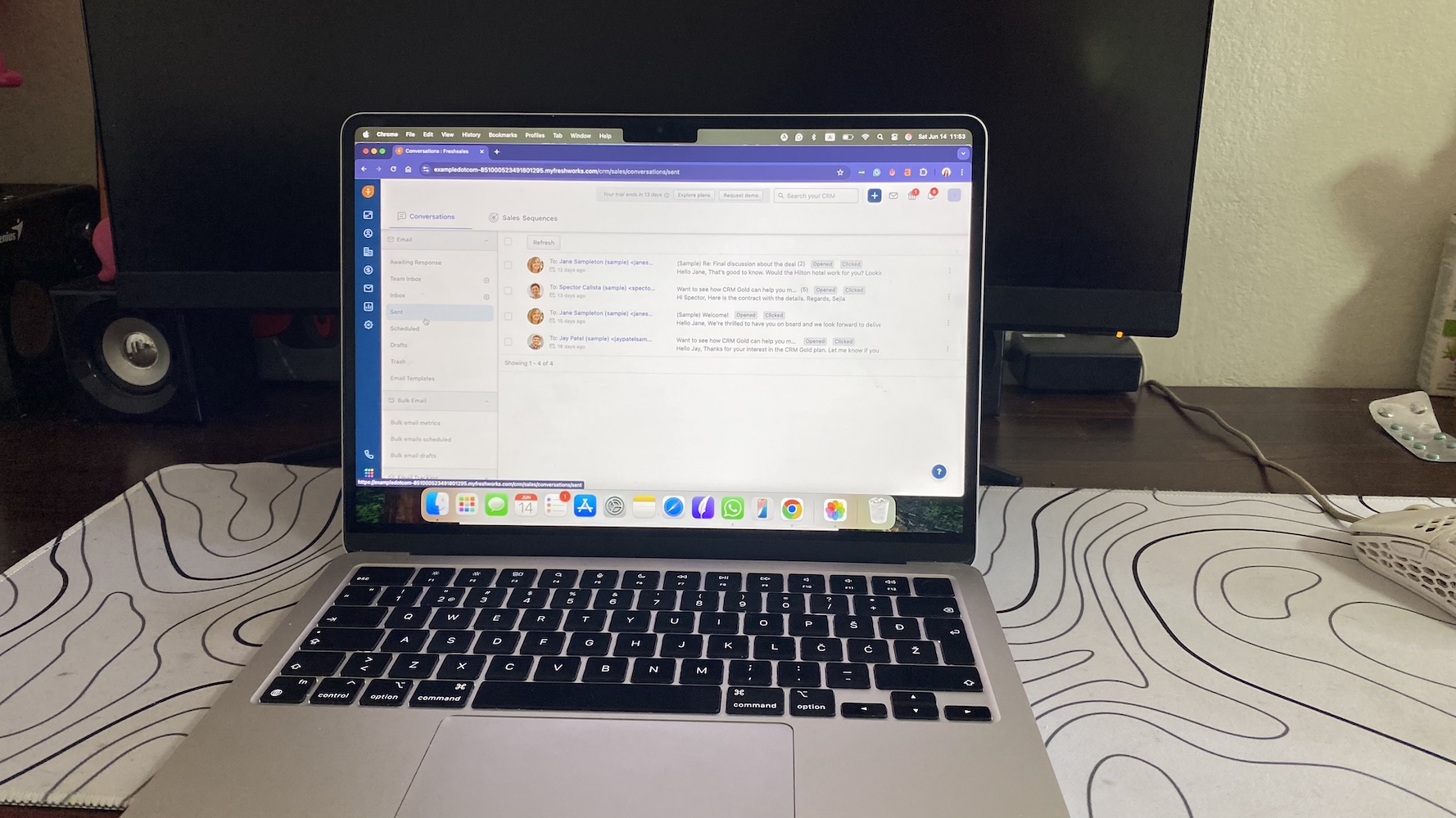 Freshsales sales sequences inbox showing sent emails with subject lines, recipient info, and status indicators like opened and clicked.