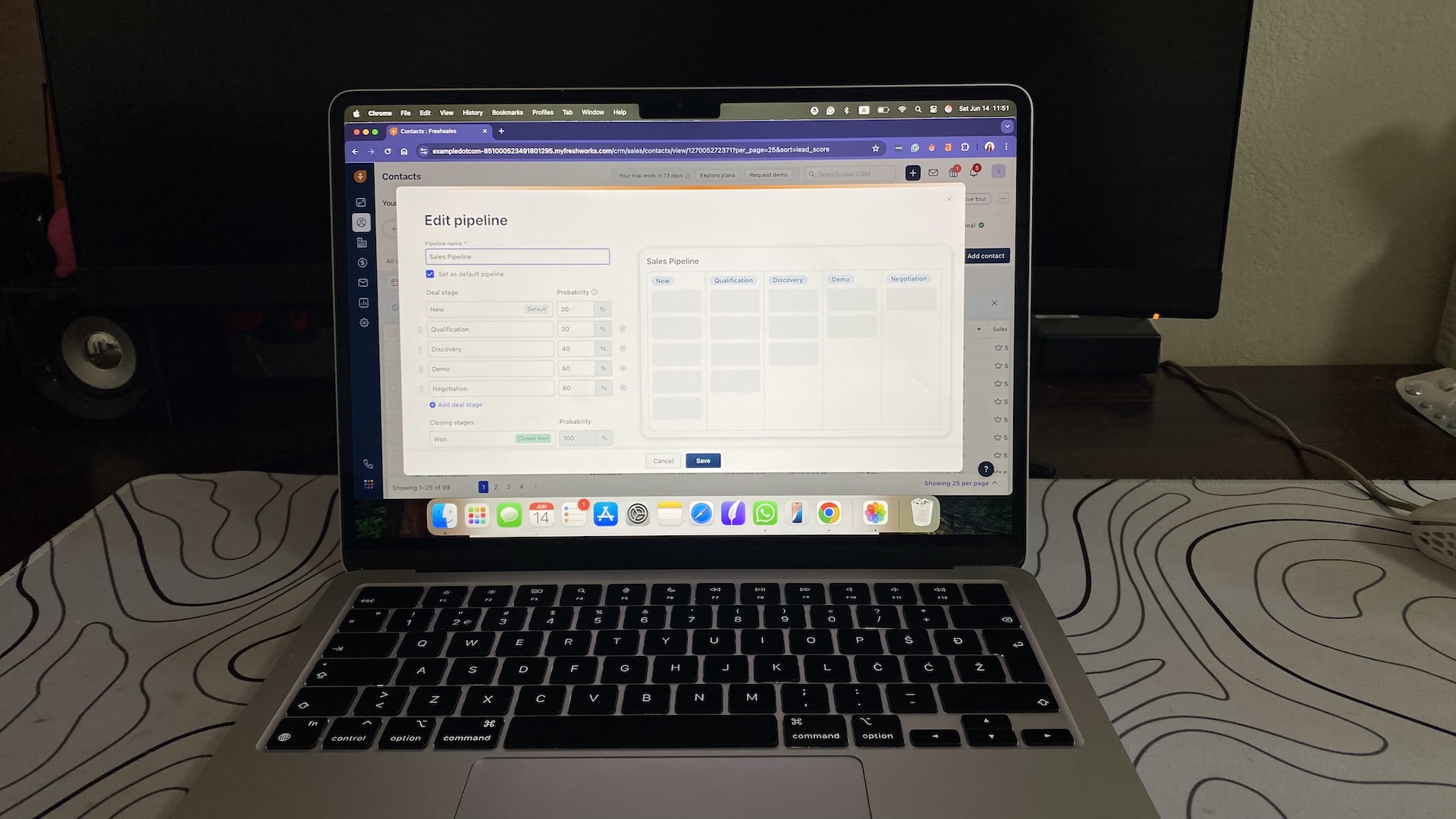 Editing a sales pipeline in Freshsales CRM with deal stages and probability percentages visible