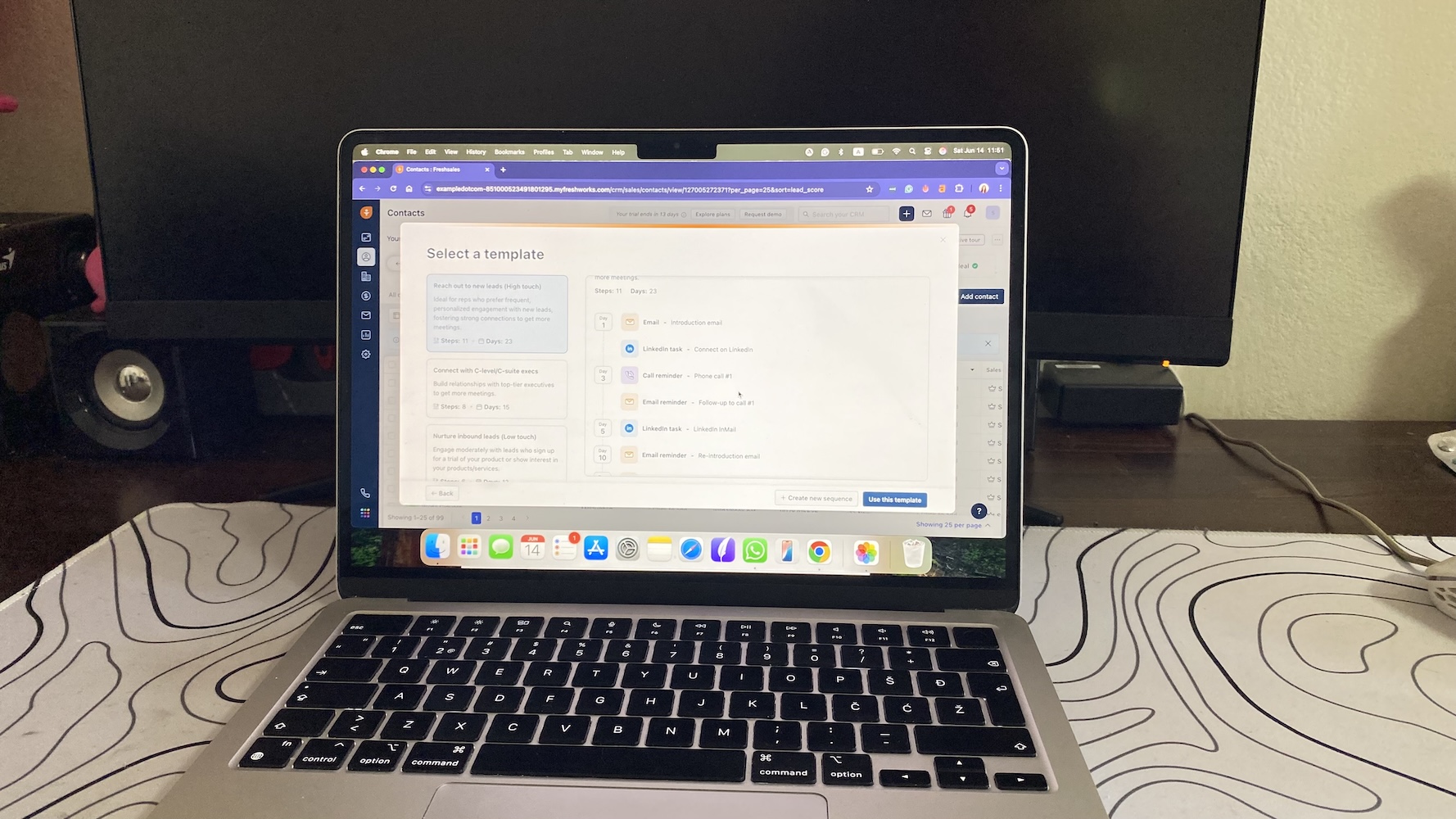 Freshsales CRM showing email sequence template for lead engagement.