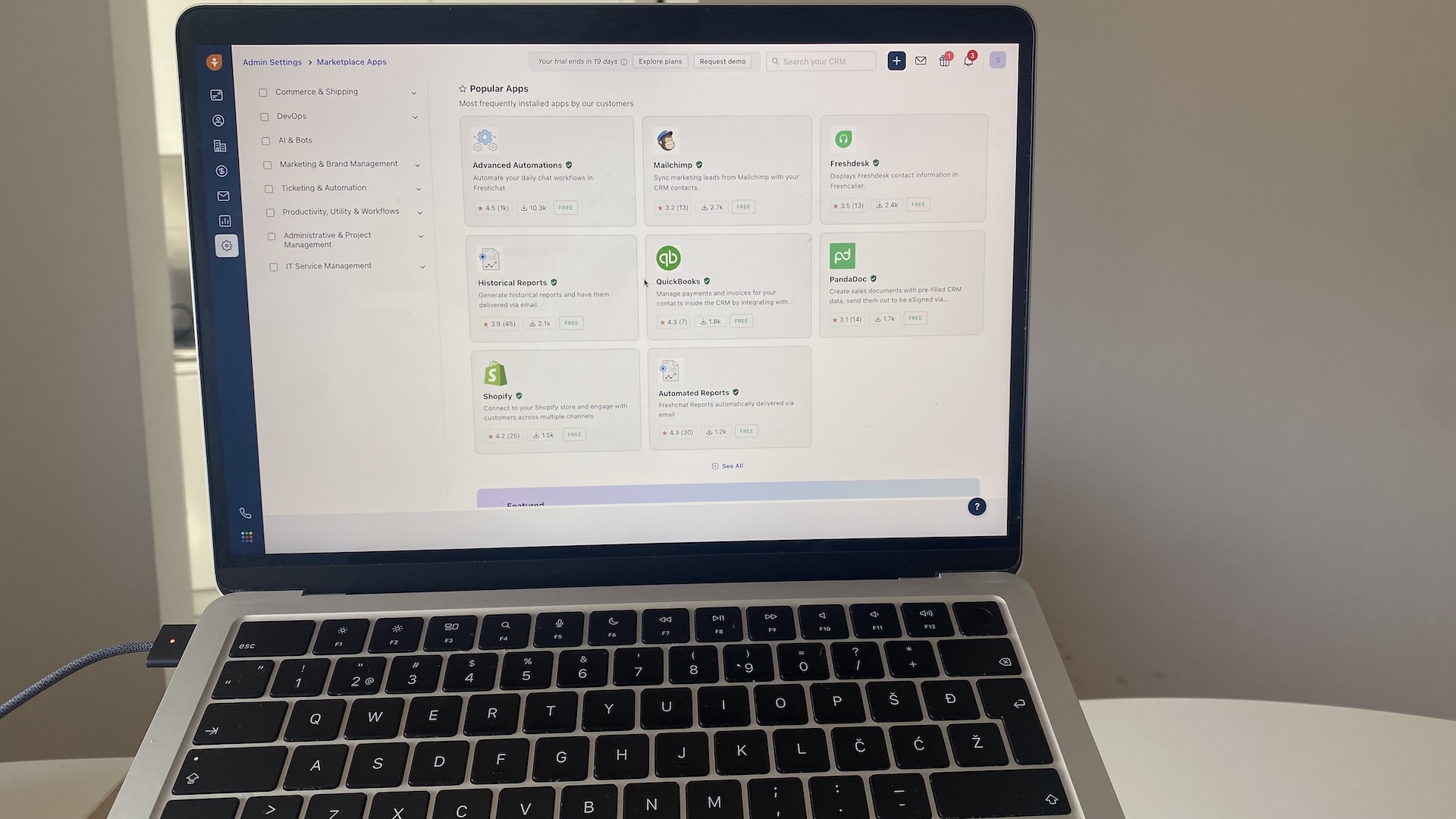 Freshsales marketplace showing popular apps like Mailchimp, QuickBooks, and Shopify