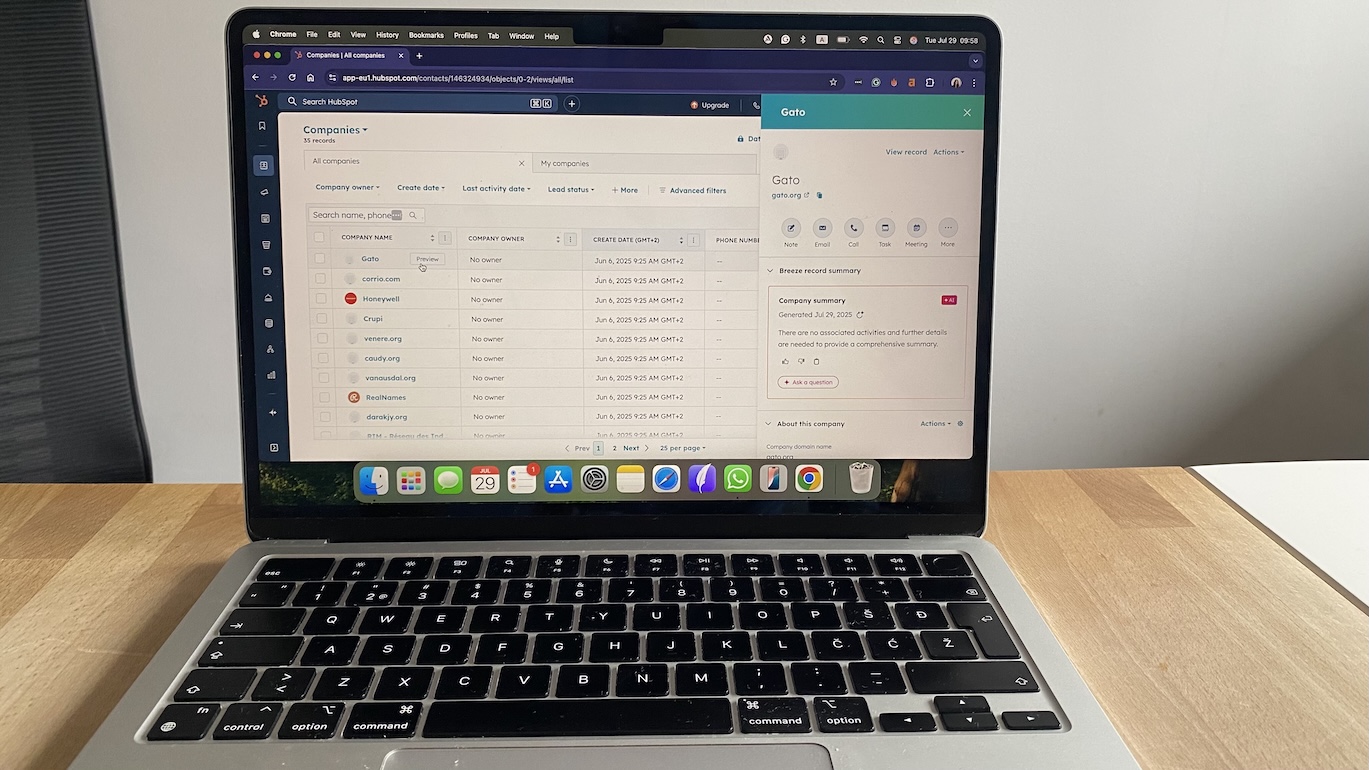 HubSpot CRM interface showing company records with detailed panel open for company called Gato.