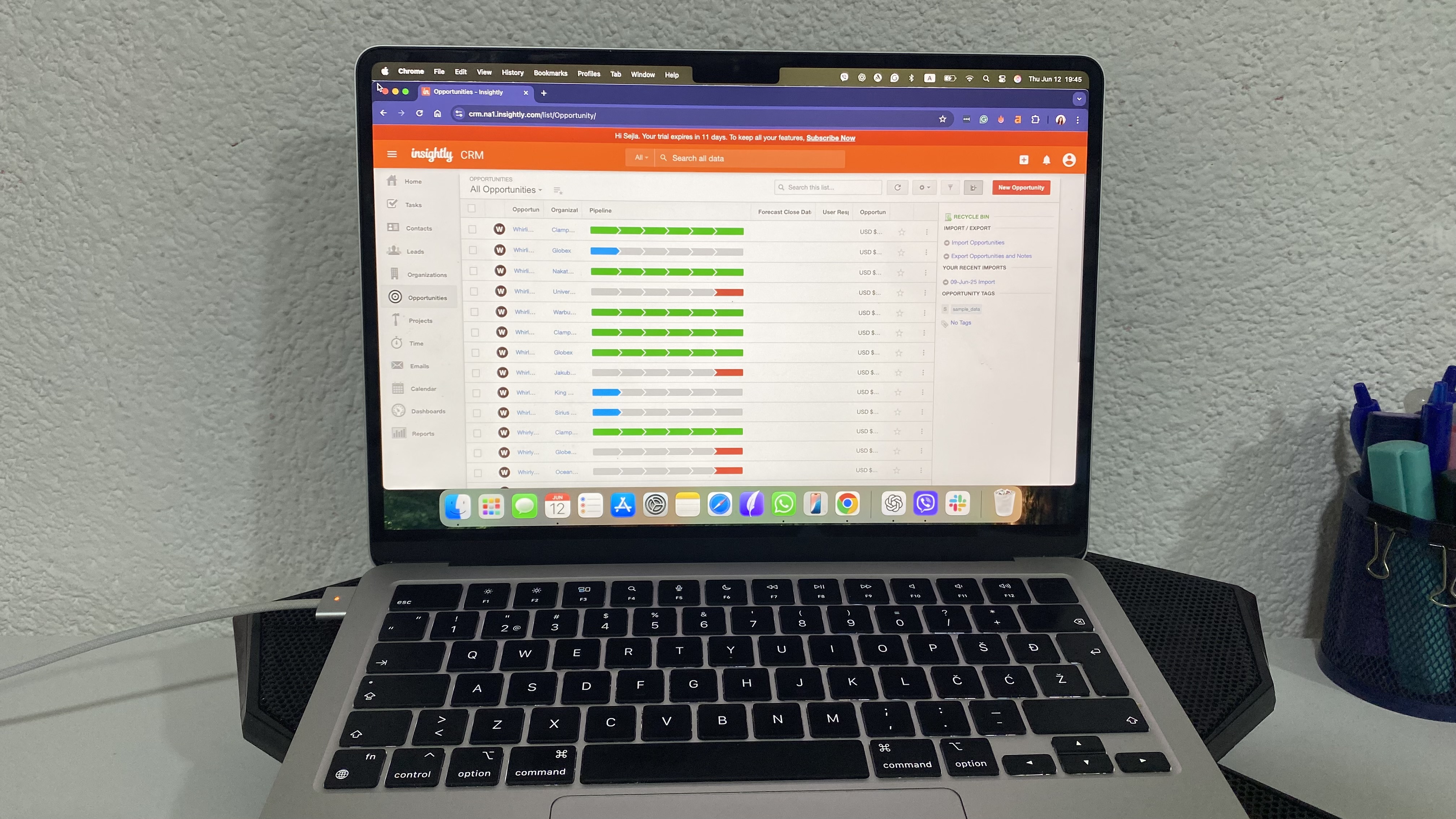 Insightly CRM Opportunities tab showing a list of deals with visual pipeline bars and forecast data