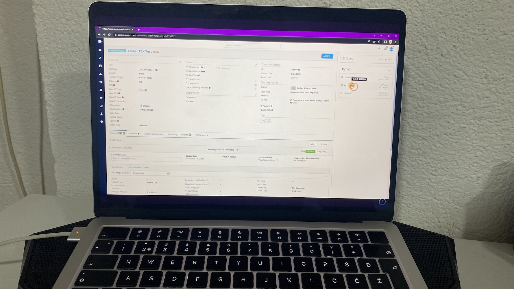 Insureio CRM client profile screen showing personal details, policy information, and task tracking for insurance agents.