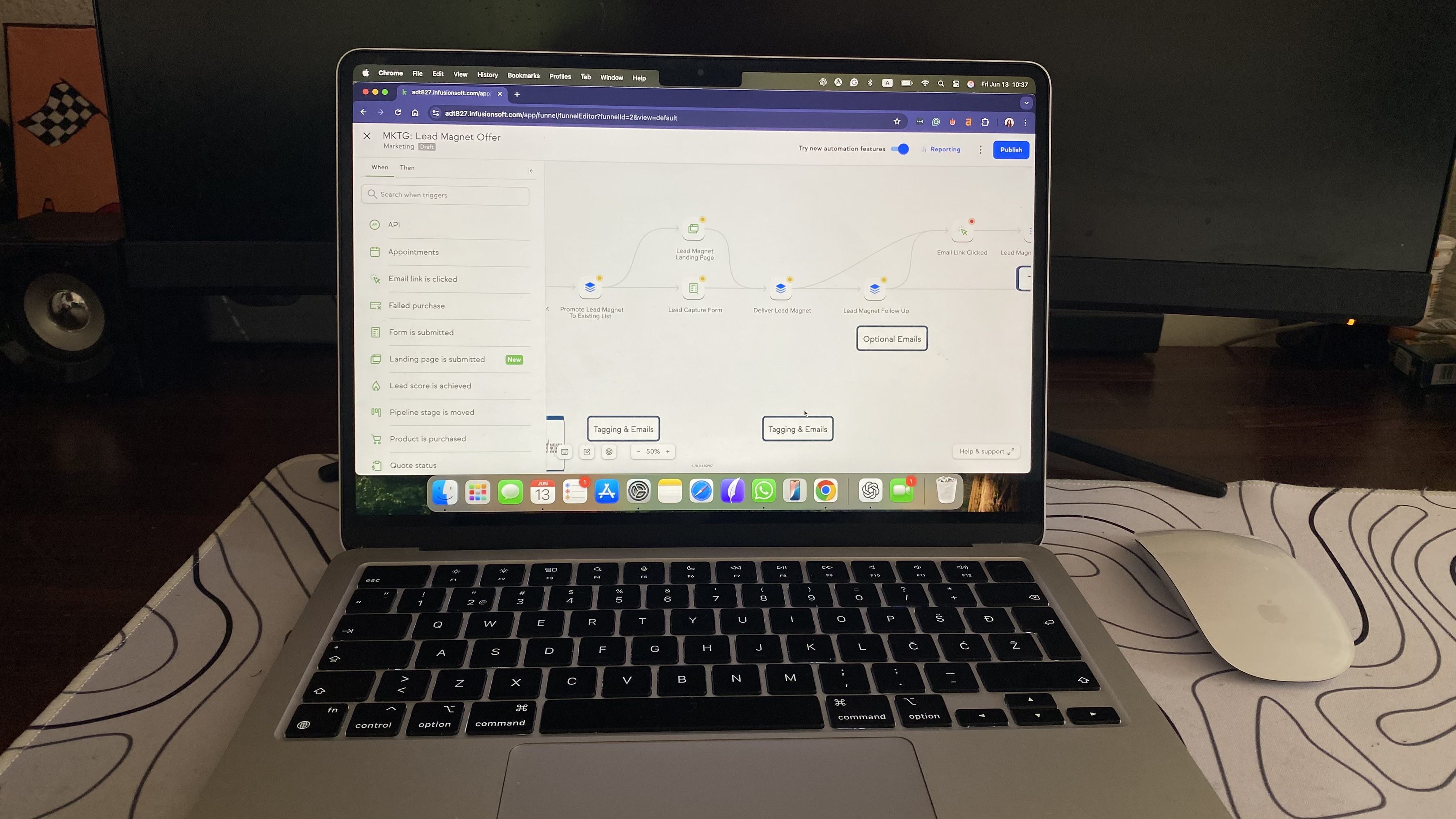 Keap CRM’s visual automation builder showing a lead magnet email workflow with triggers and actions