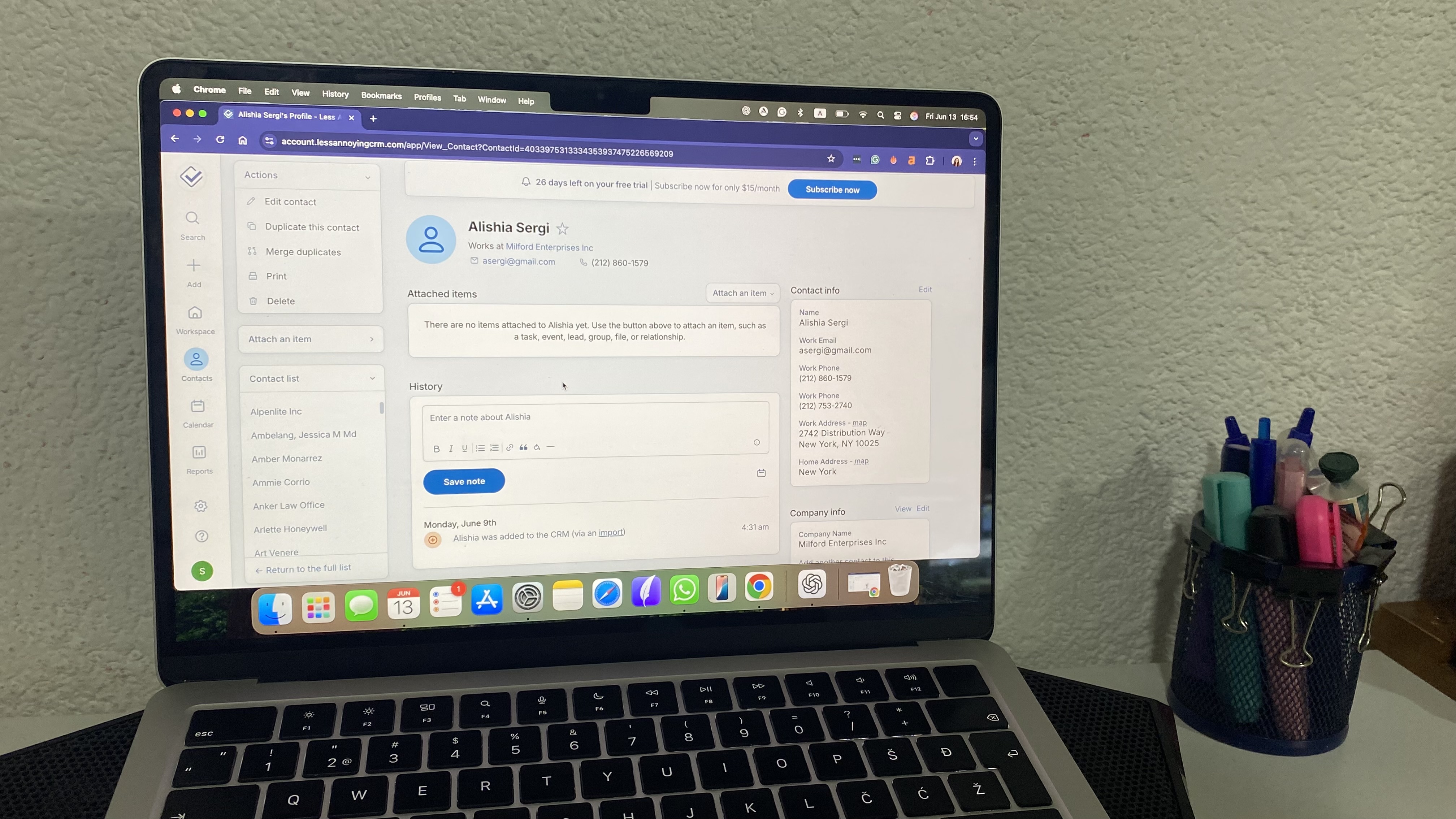Less Annoying CRM with a contact profile page, showing contact information, history notes, and options to edit or add items.