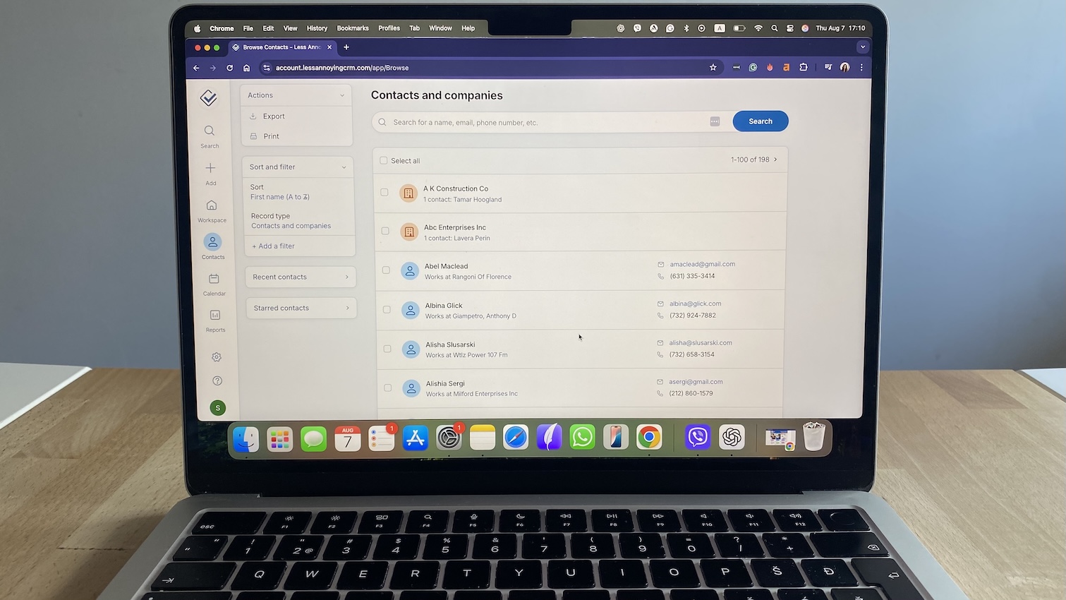 Less Annoying CRM contact list with names, emails, phone numbers, and company info.
