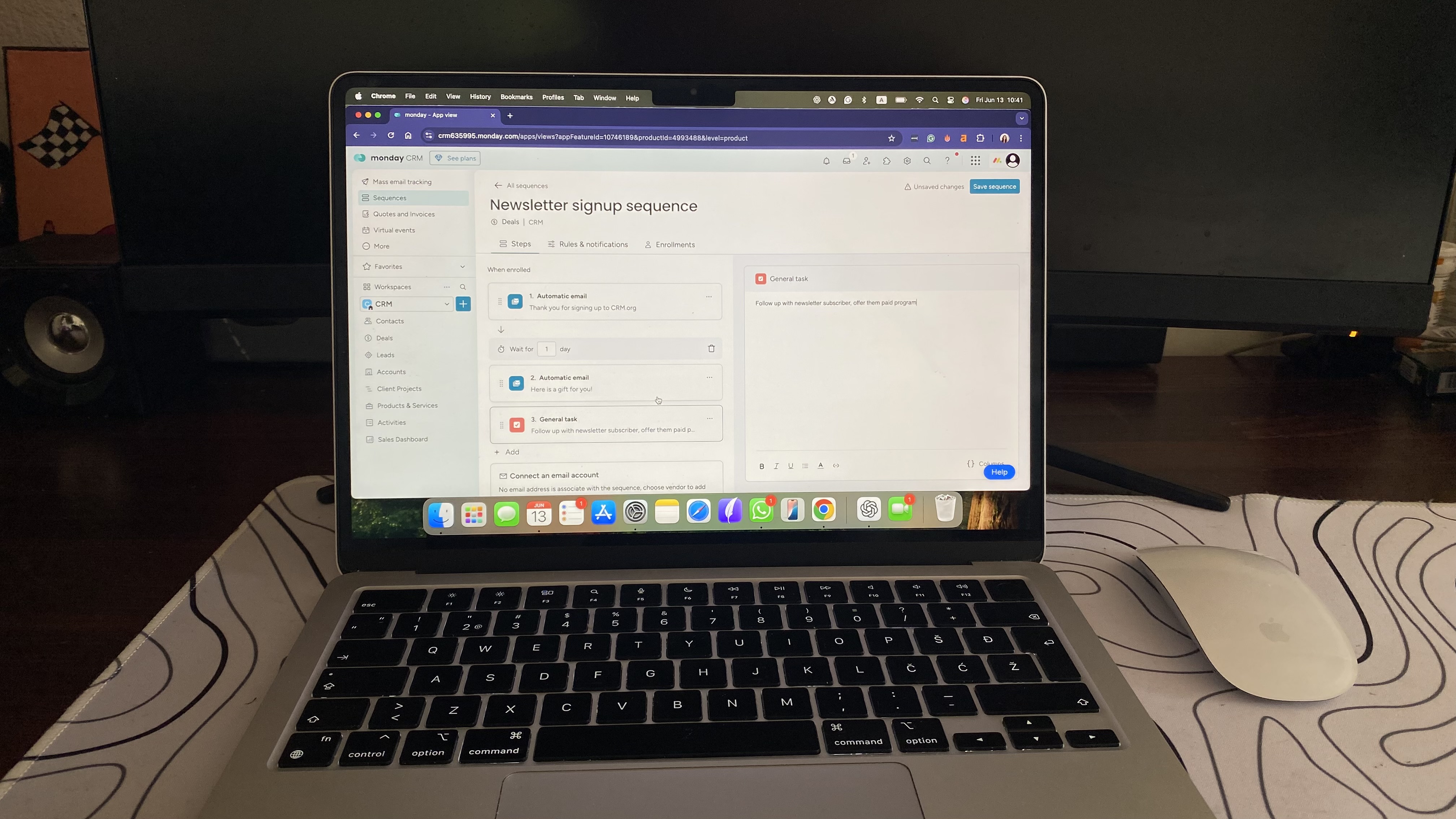 monday CRM sequence builder showing steps for follow-up after a newsletter signup