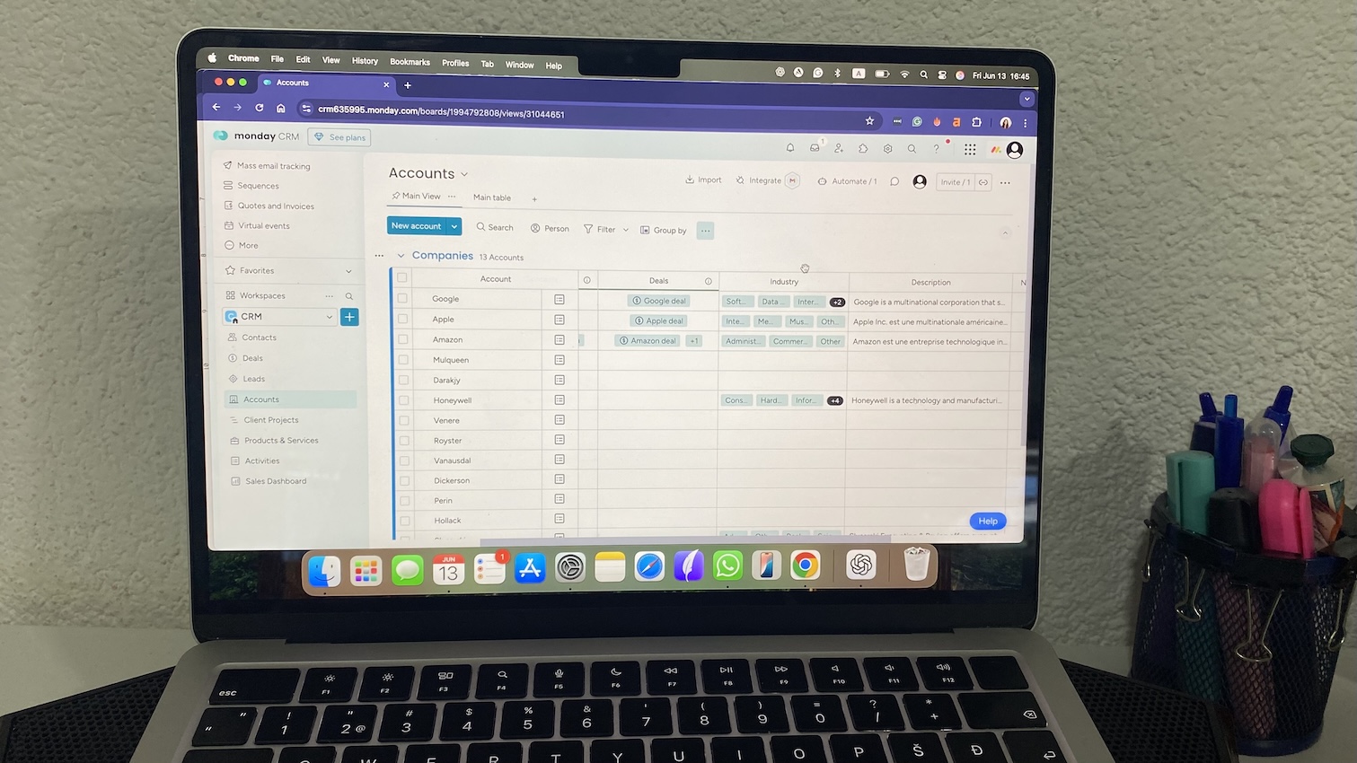 Monday CRM accounts view showing companies, deals, and industry details