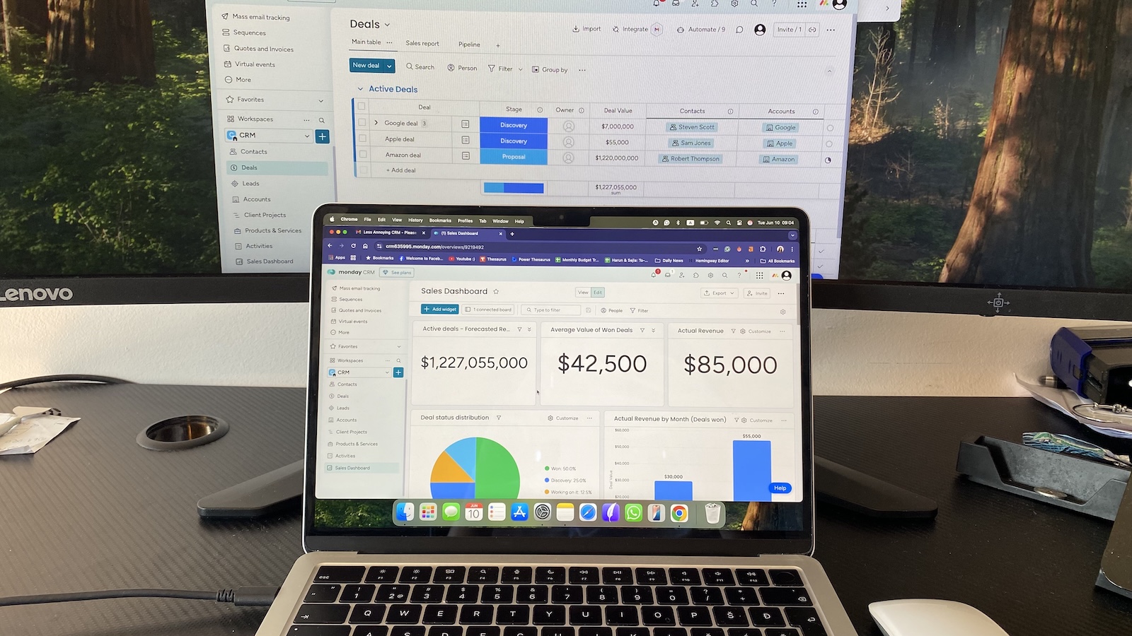 Sales dashboard in Monday CRM showing active deals, revenue metrics, and deal stage charts.