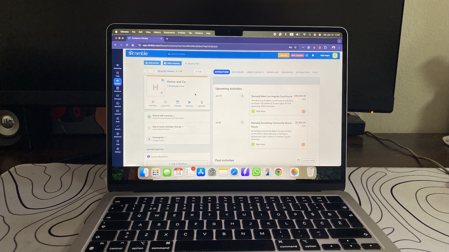 Nimble CRM contact page showing individual company details and upcoming activities