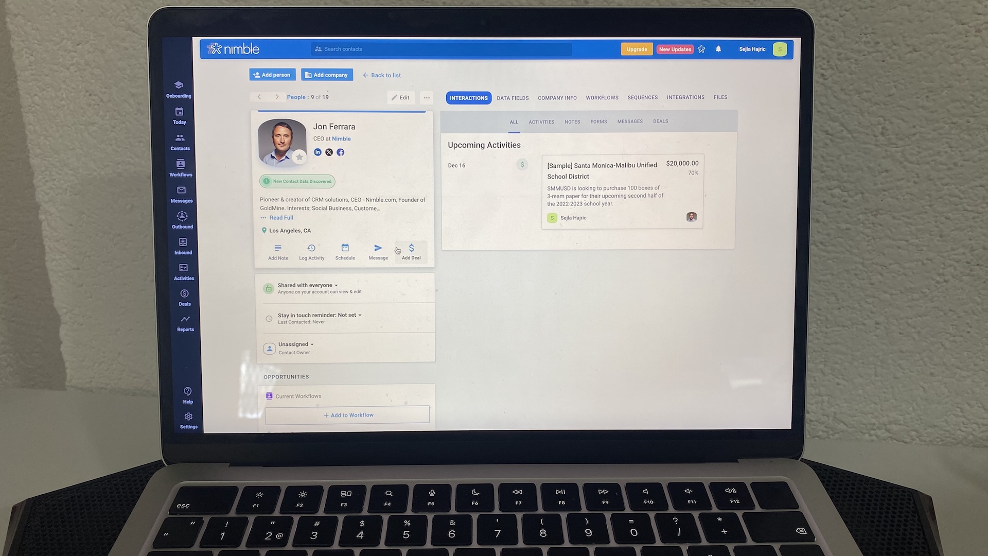 Nimble CRM individual contact profile showing the person's details, upcoming activities, and contact options.