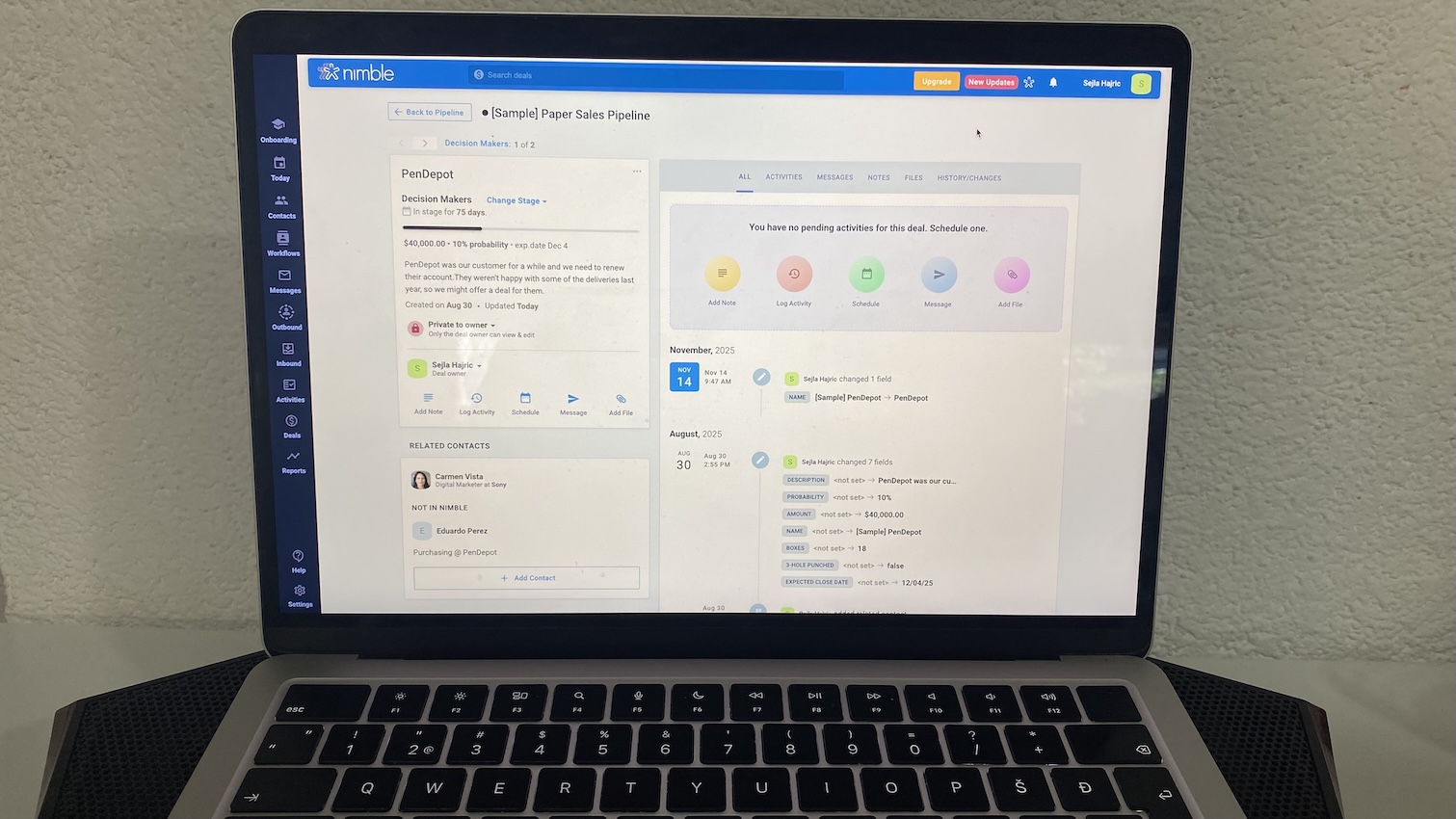 Nimble CRM deal view showing timeline, activity options, and contact details.