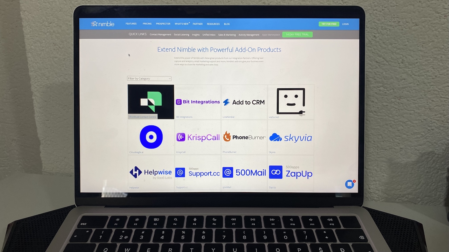 Nimble CRM app marketplace interface showing available add-ons from various integration partners.