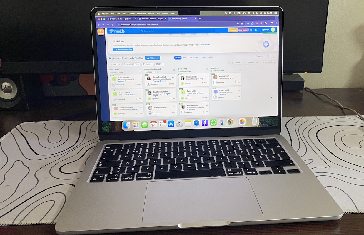 Nimble CRM dashboard showing today’s agenda, active deals, tasks, and contact birthdays in a colorful, card-based layout.